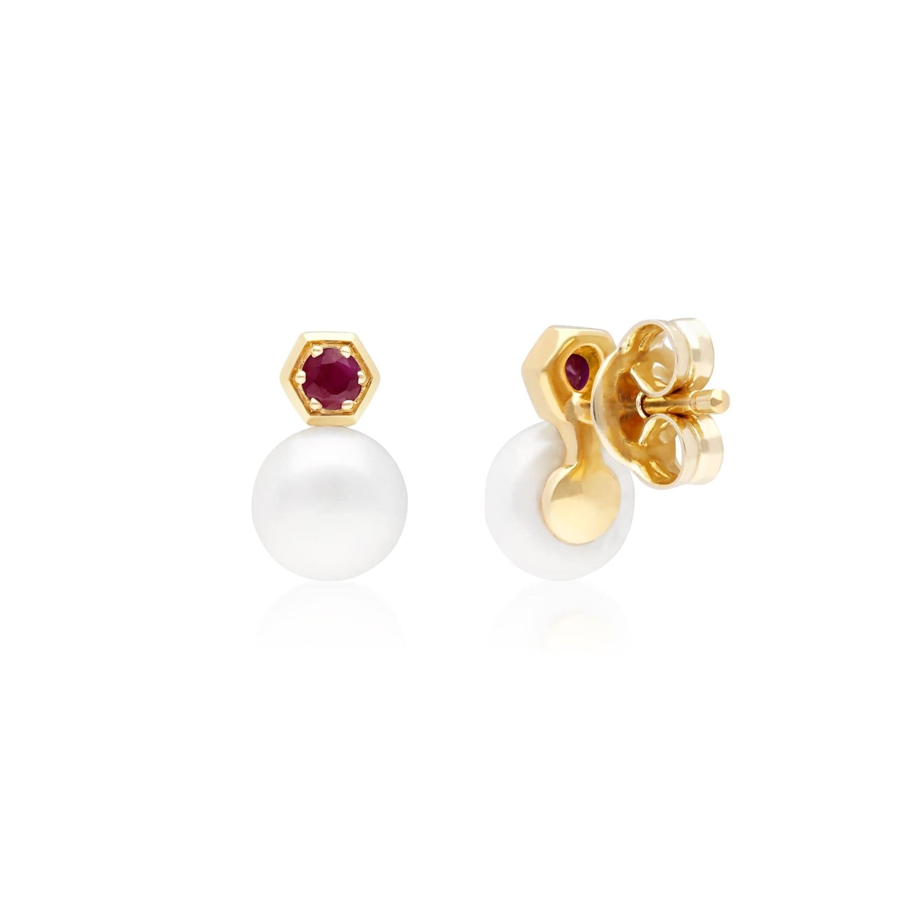 Modern Pearl & Ruby Stud Earrings in 9ct Yellow Gold