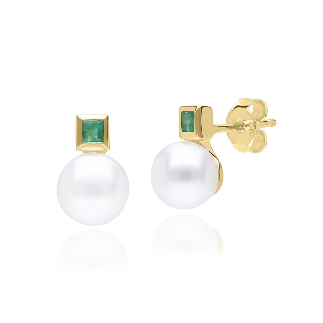 135E1810019 Modern Pearl & Square Emerald Stud Earrings in 9ct Yellow Gold 1