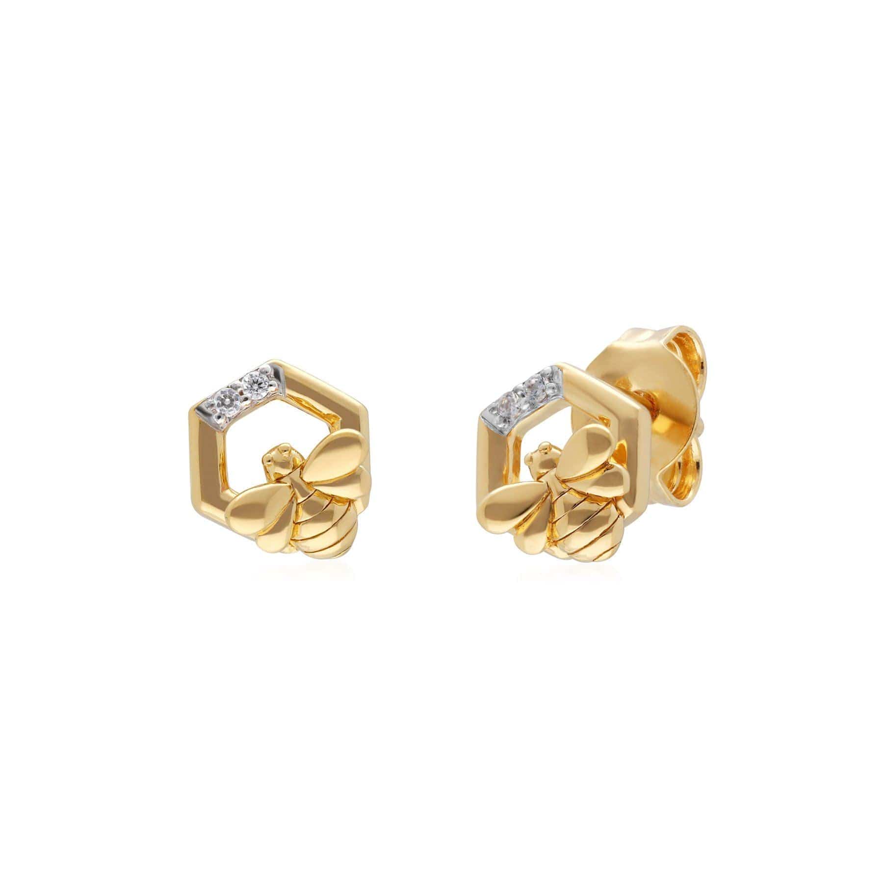 Yellow Gold Honeycomb Inspired Diamond Hexagon Bee Earrings