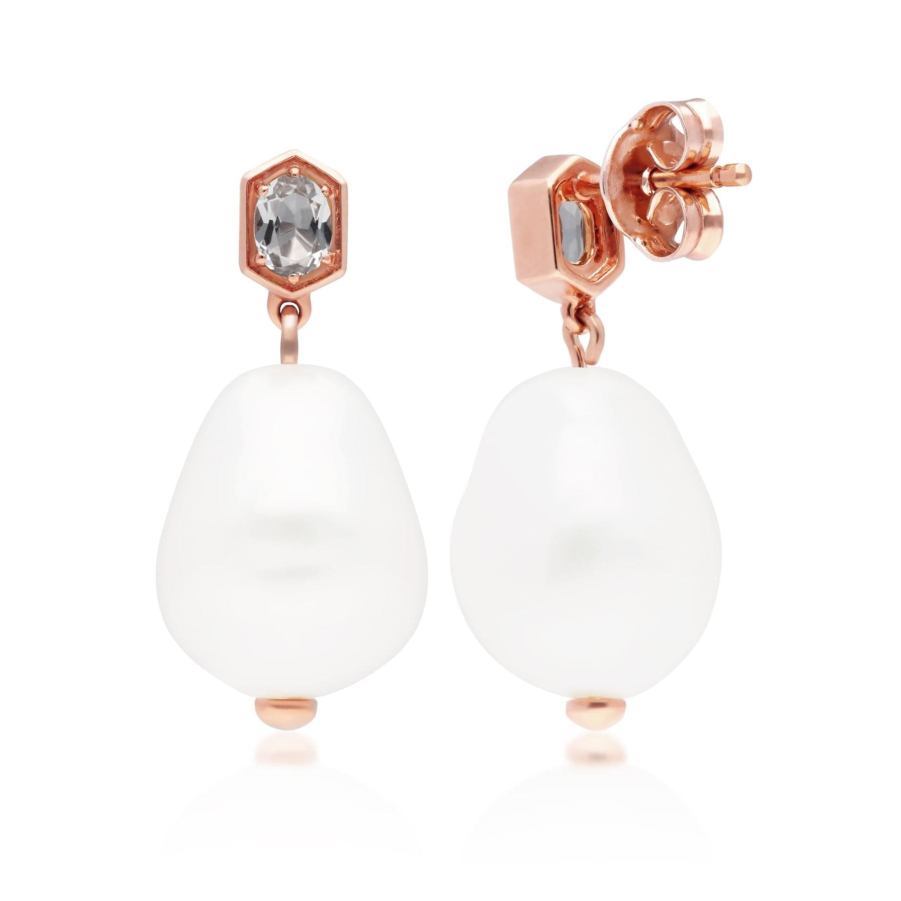 Modern Baroque Pearl & White Topaz Drop Earrings in Rose Gold Plated Silver - Gemondo