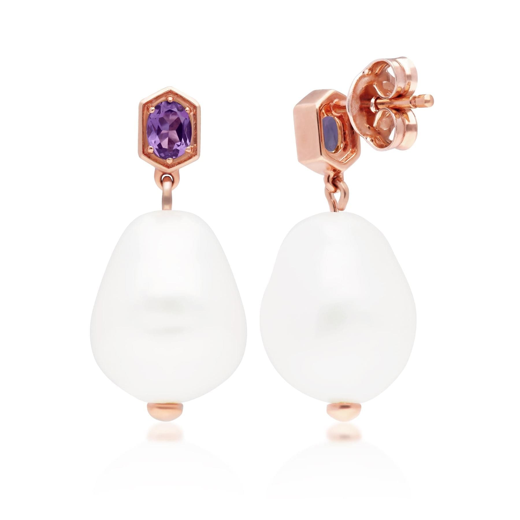 Modern Baroque Pearl & Amethyst Drop Earrings in Rose Gold Plated Sterling Silver