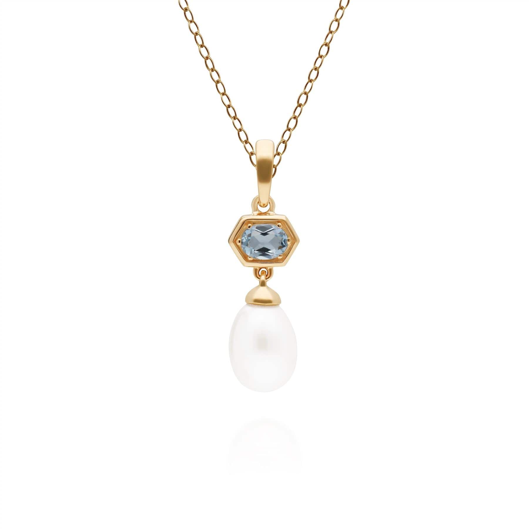 Modern Pearl & Blue Topaz Hexagon Drop Pendant in Gold Plated Silver - Gemondo