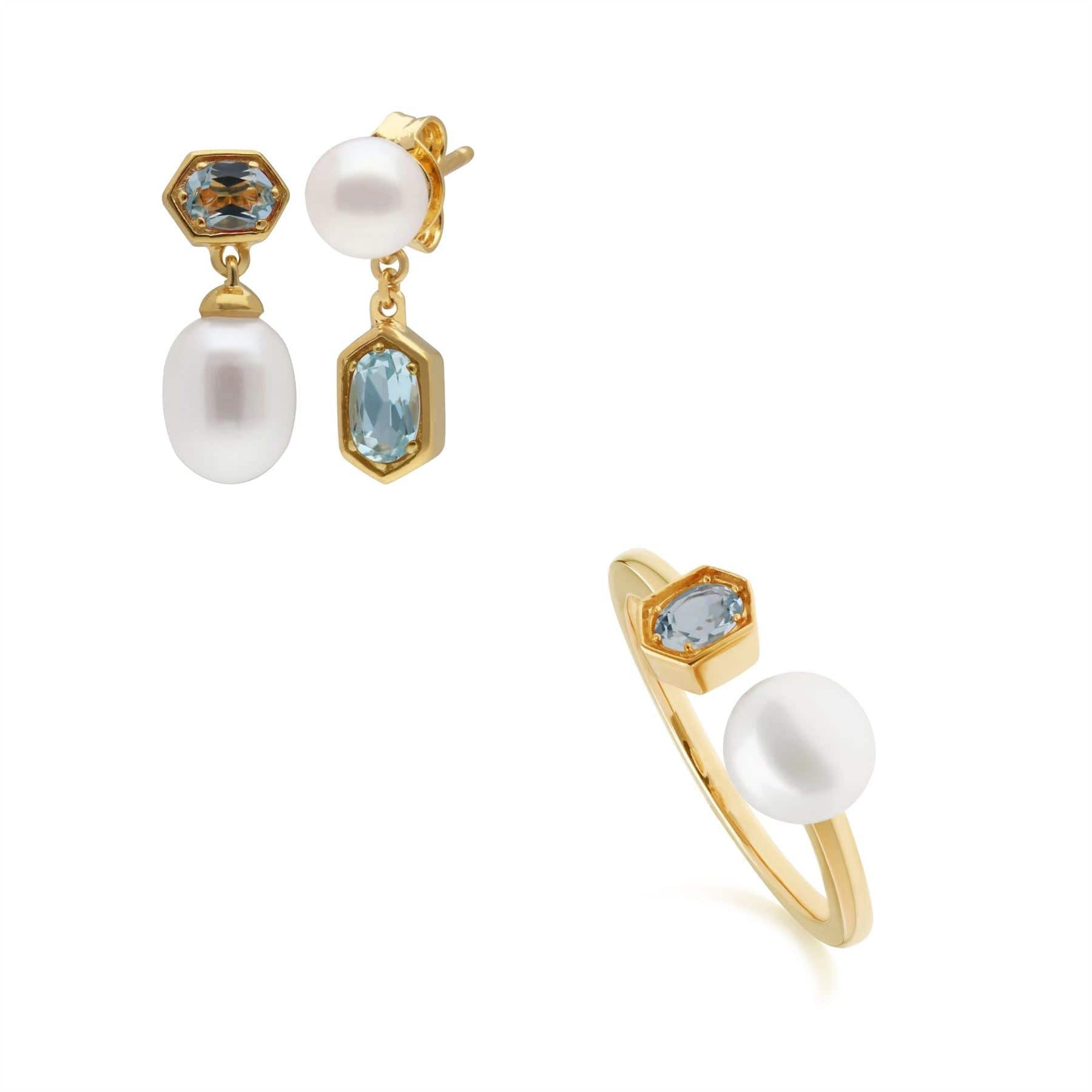 Modern Pearl & Blue Topaz Earring & Ring Set in Gold Plated Silver - Gemondo