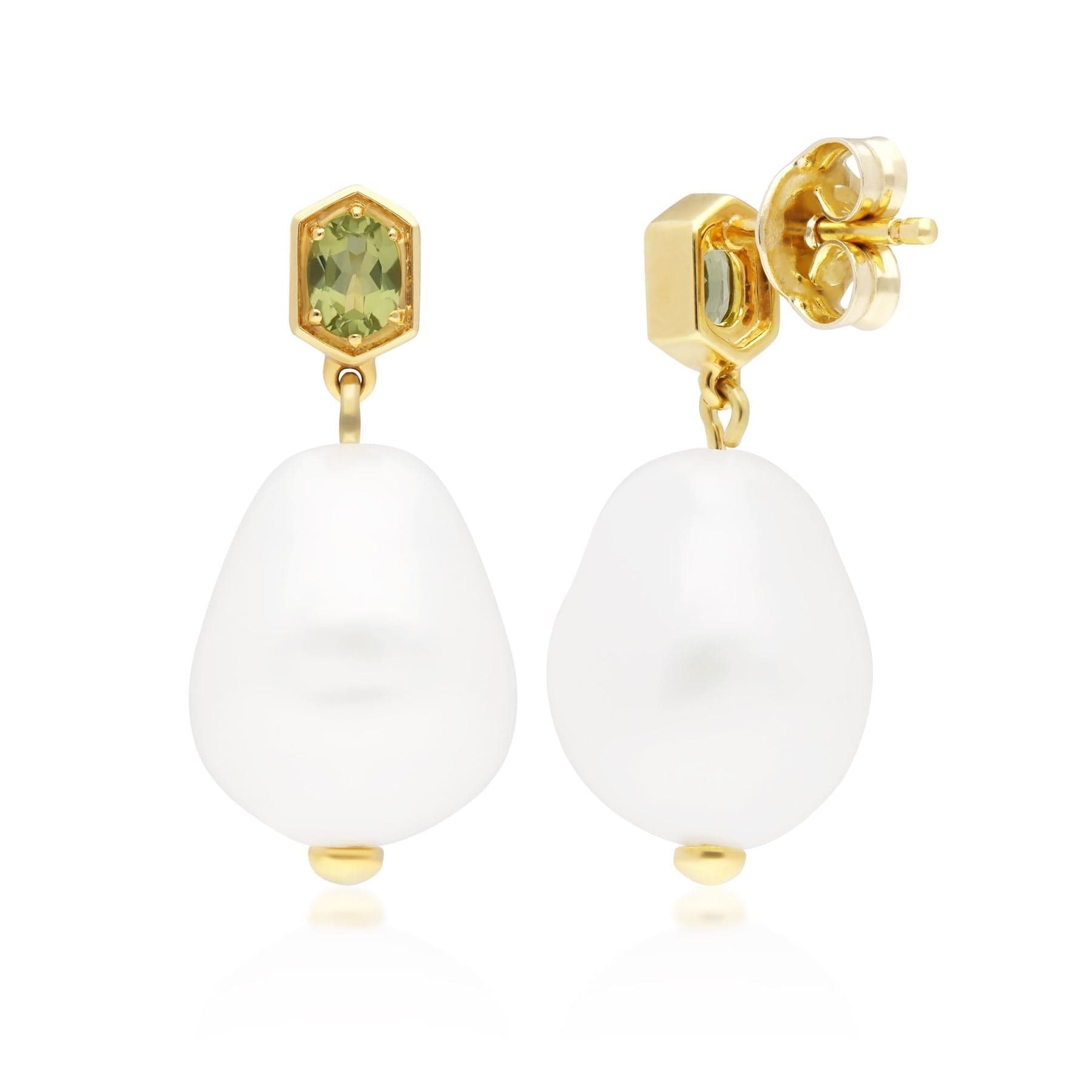 Modern Baroque Pearl & Peridot Drop Earrings in Gold Plated Silver - Gemondo