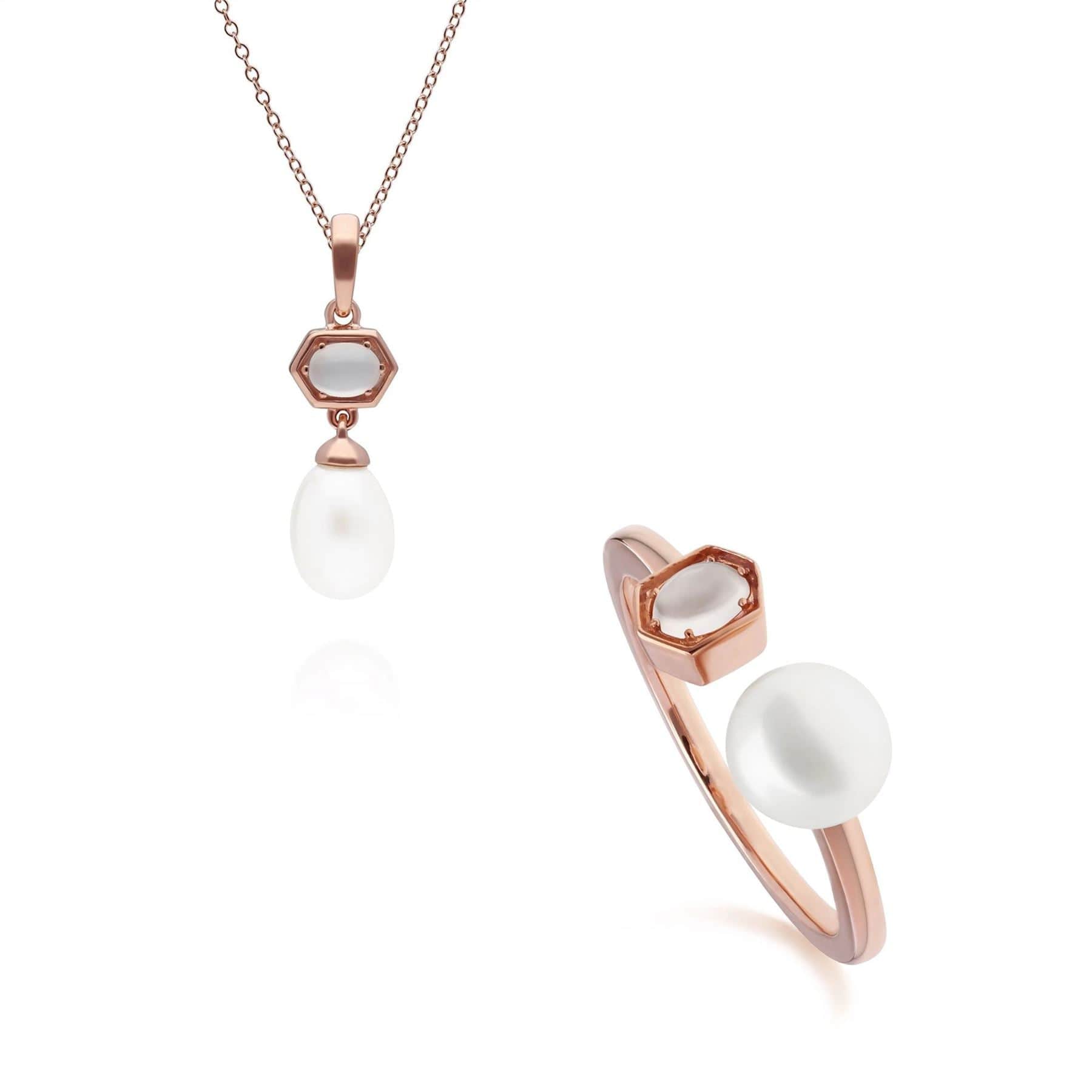 Modern Pearl & Opal Pendant & Ring Set in Rose Gold Plated Sterling Silver 