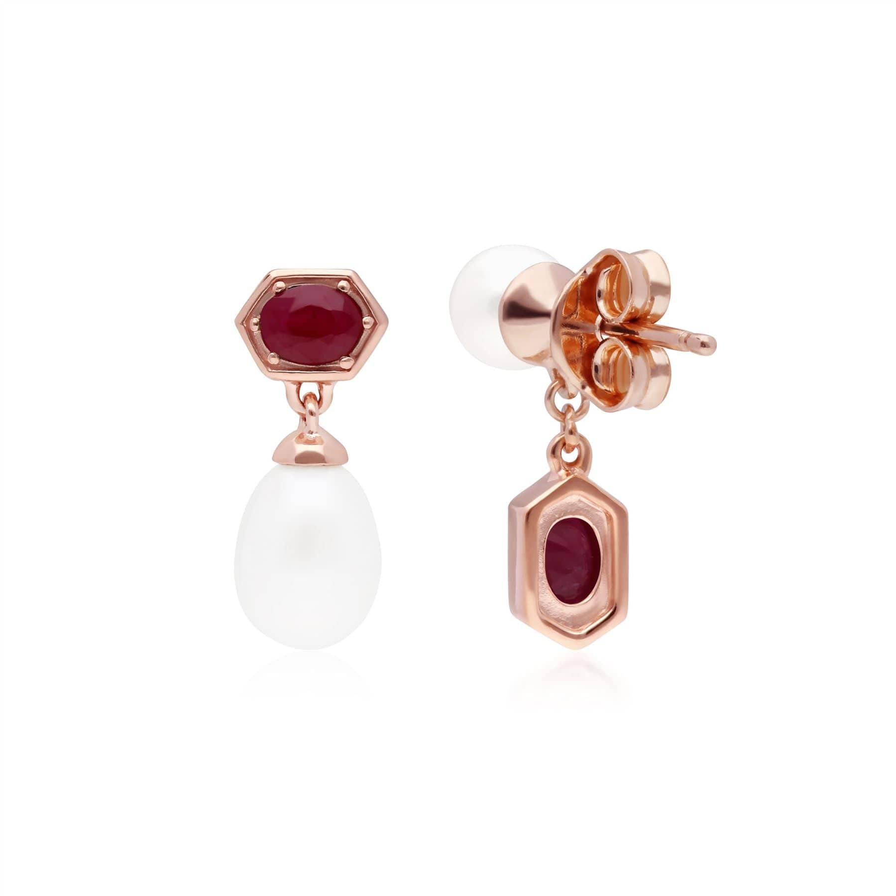 Modern Pearl & Ruby Mismatched Drop Earrings in Rose Gold Plated Silver - Gemondo
