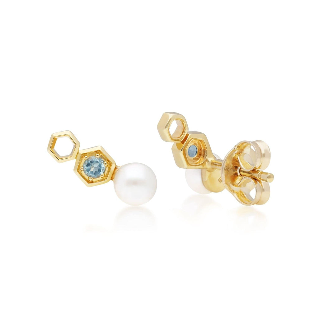 135E1632019 Modern Pearl & Blue Topaz Ear Climber Studs in 9ct Yellow Gold 4