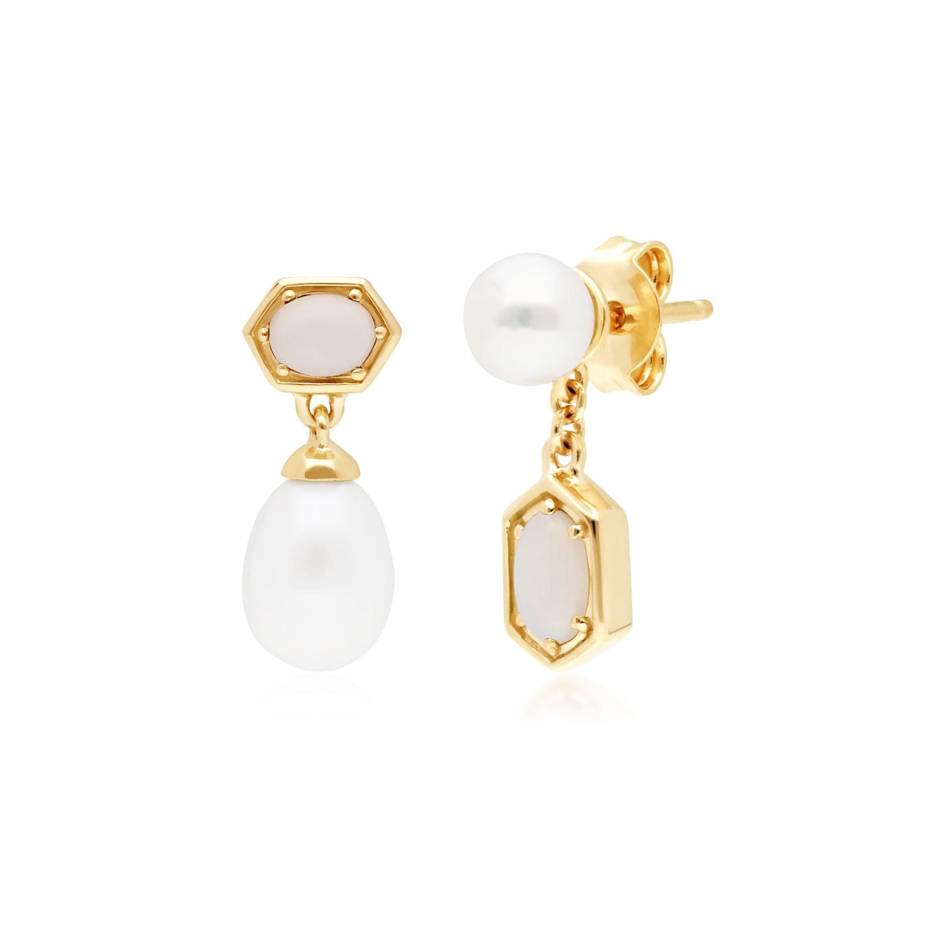 Modern Pearl & Opal Mismatched Drop Earrings in 9ct Yellow Gold