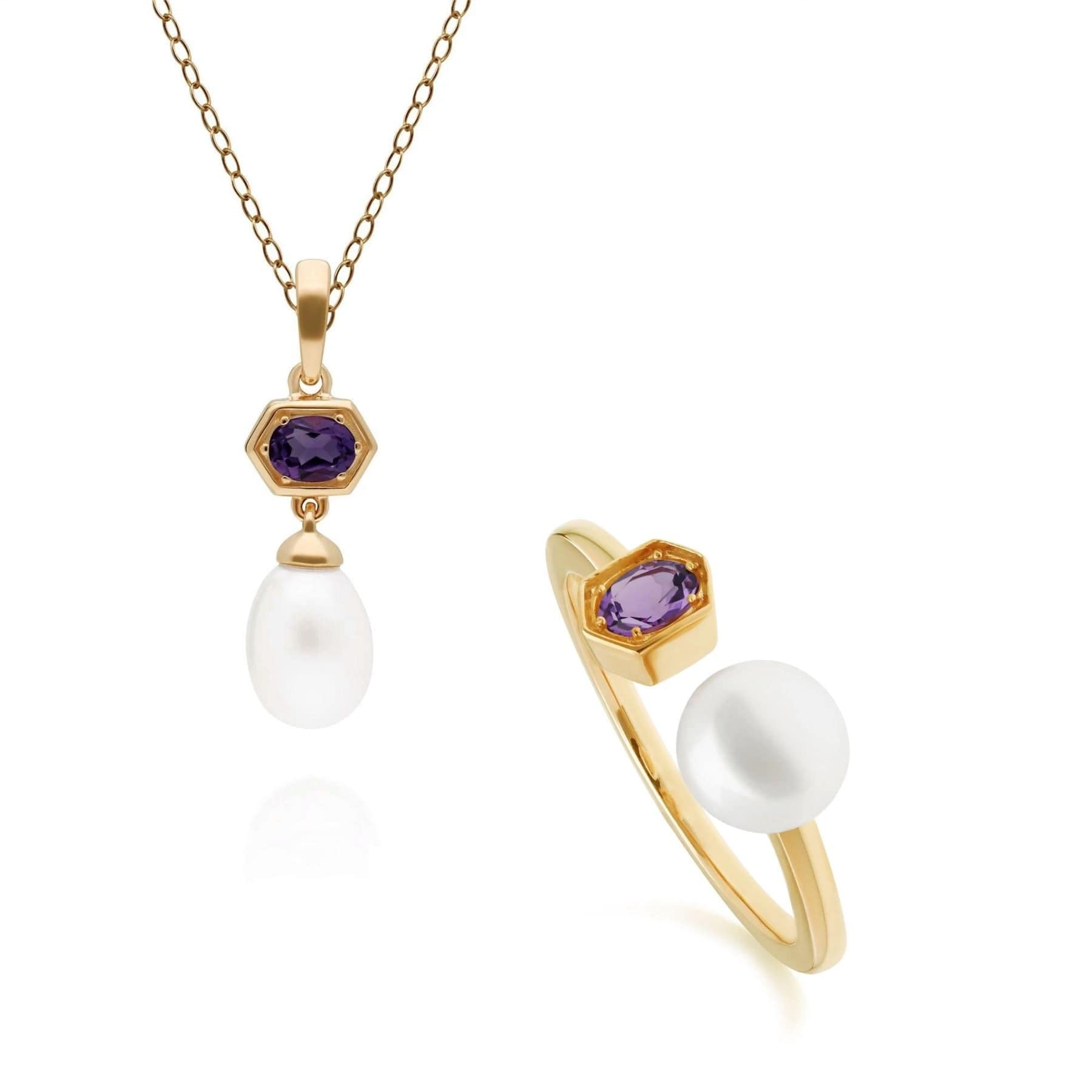 Modern Pearl & Amethyst Pendant & Ring Set in Gold Plated Silver - Gemondo