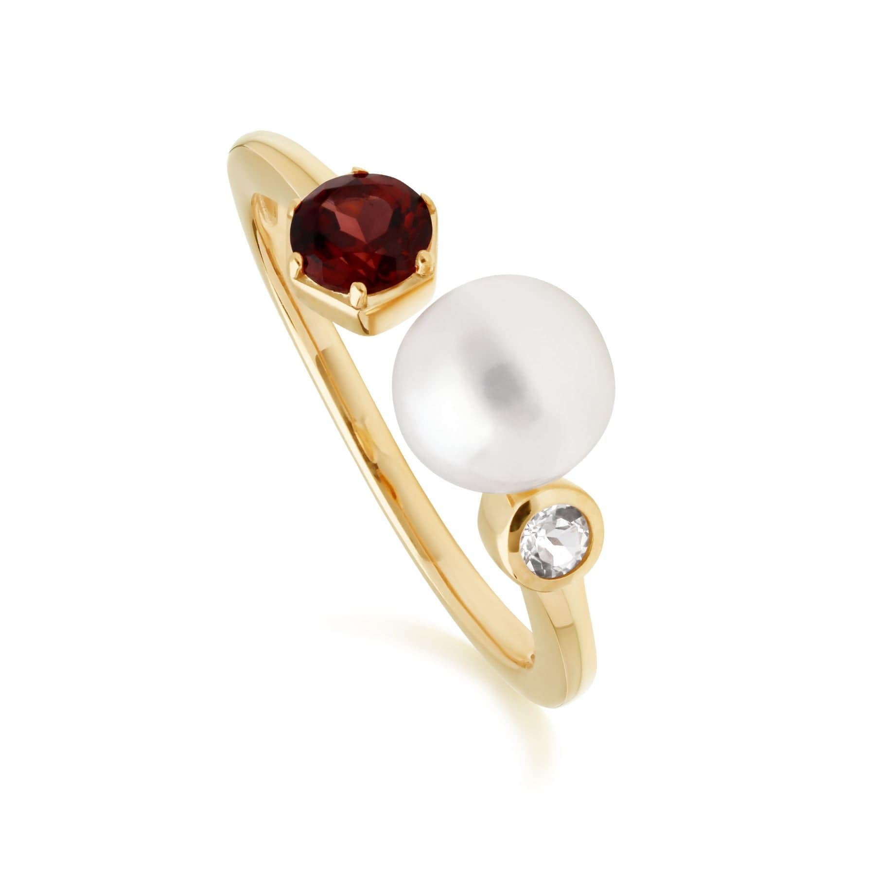 Modern Pearl, Garnet & Topaz Open Ring in Gold Plated Silver - Gemondo
