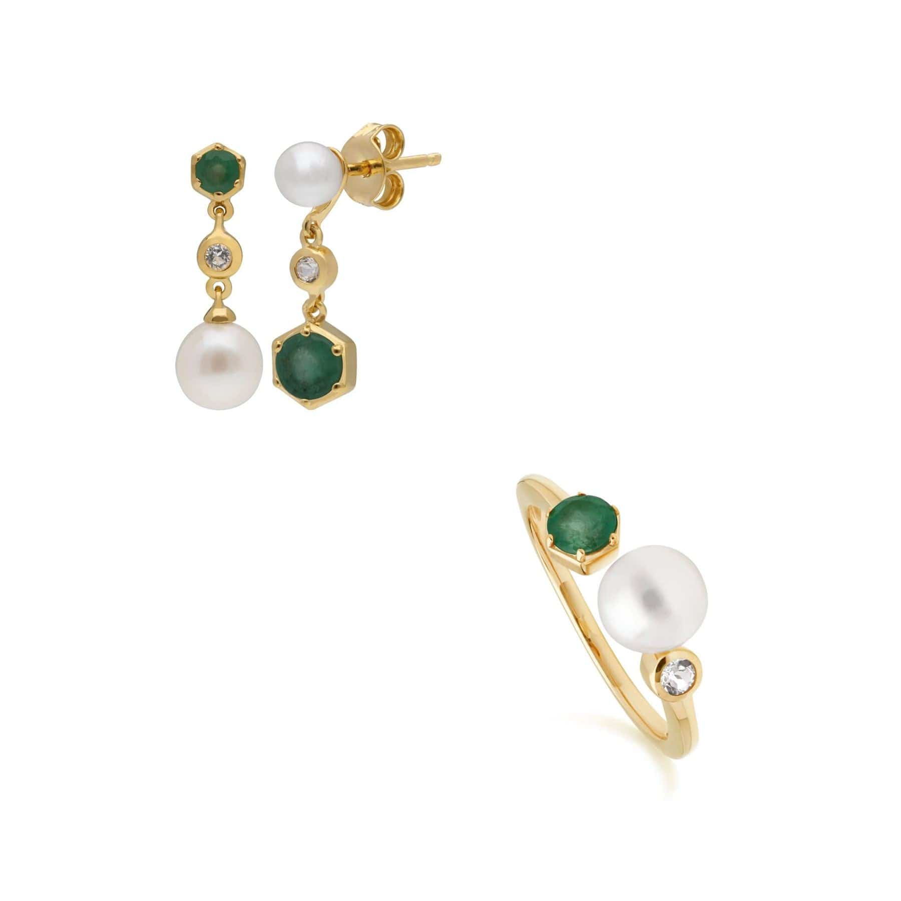 Modern Pearl, Topaz & Emerald Earring & Ring Set in Gold Plated Silver - Gemondo