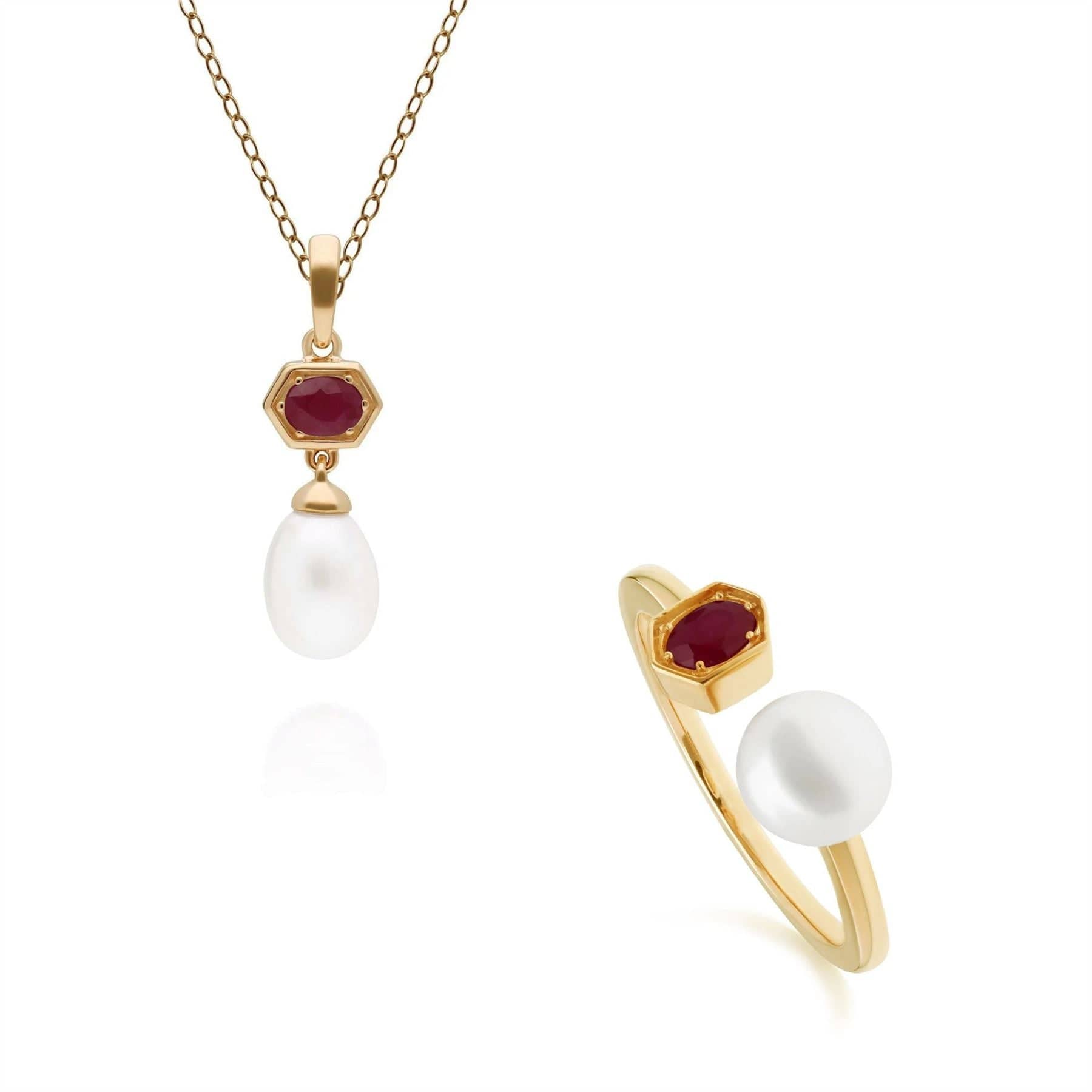 Modern Pearl & Ruby Ring & Pendant Set in Gold Plated Silver - Gemondo
