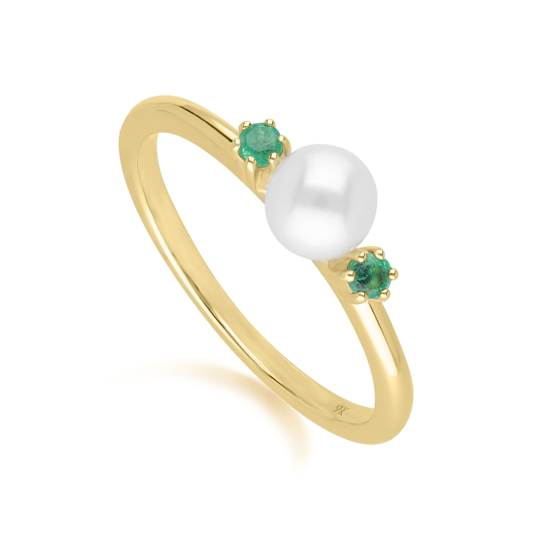 Modern Pearl & Round Emerald Ring in 9ct Yellow Gold - Gemondo