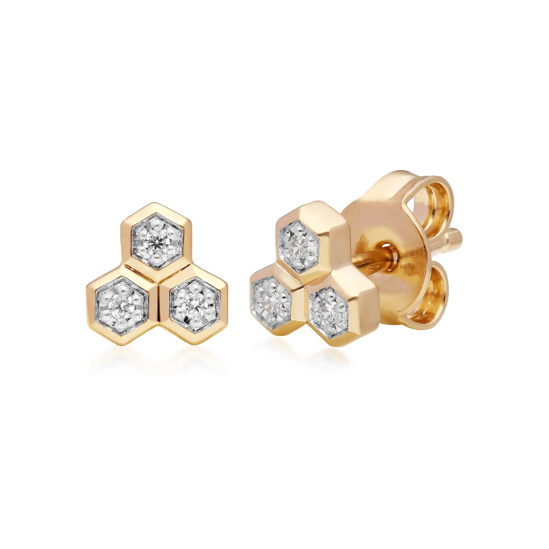 Diamond Trilogy Necklace & Stud Earring Set in 9ct Yellow Gold - Gemondo