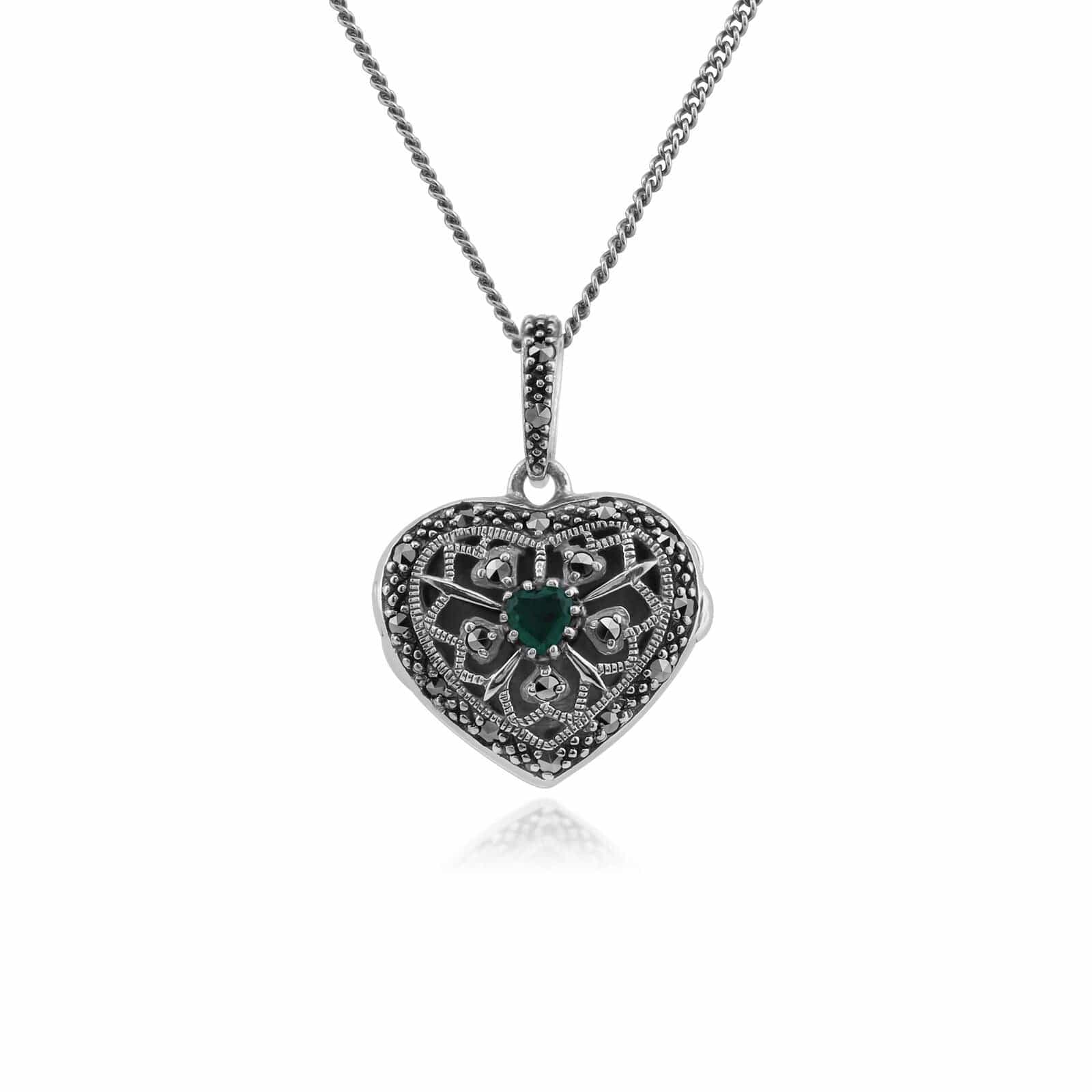 Art Nouveau Style Round Emerald & Marcasite Heart Necklace in 925 Sterling Silver