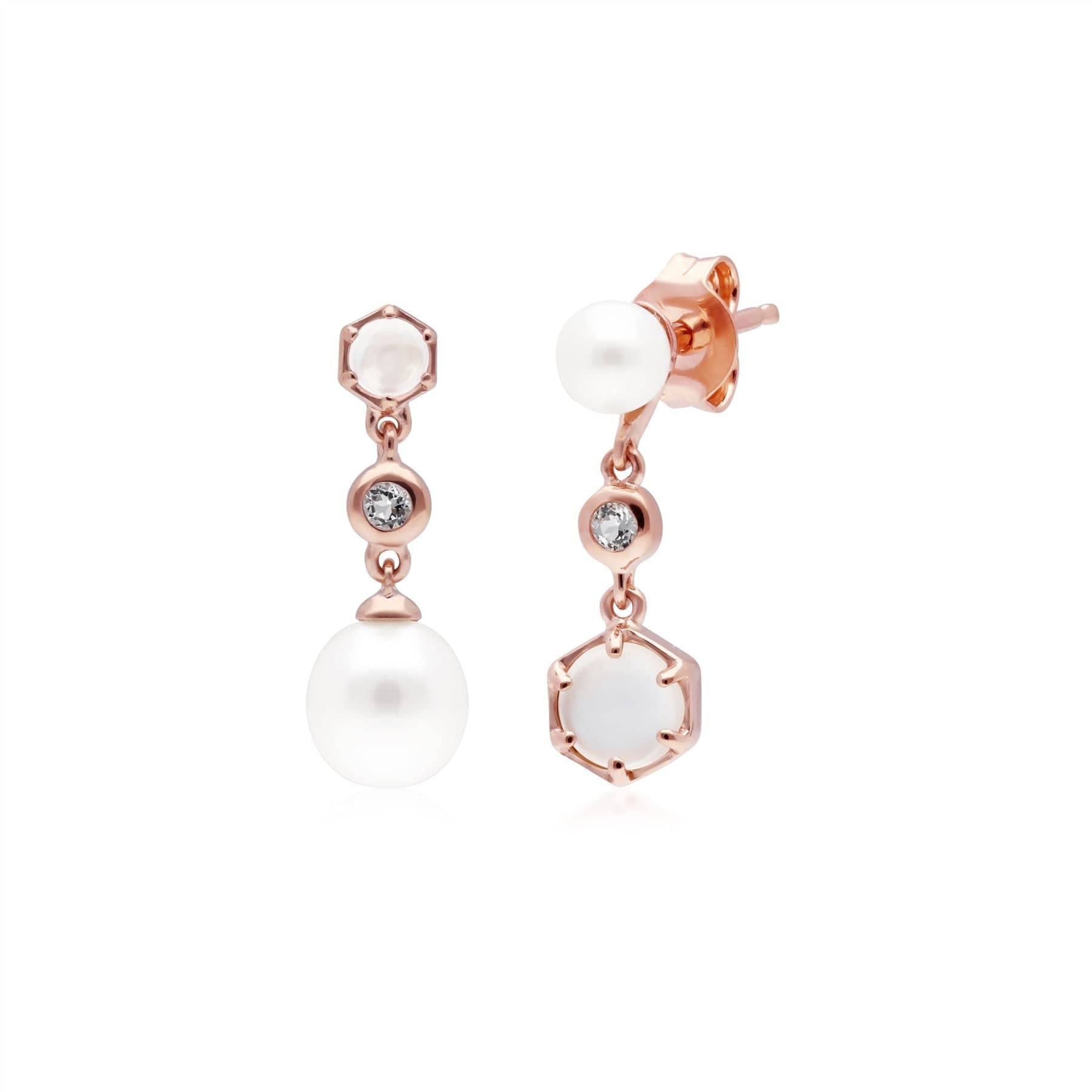 Modern Pearl, Moonstone & Topaz Mismatched Drop Earrings in Rose Gold Plated Silver - Gemondo