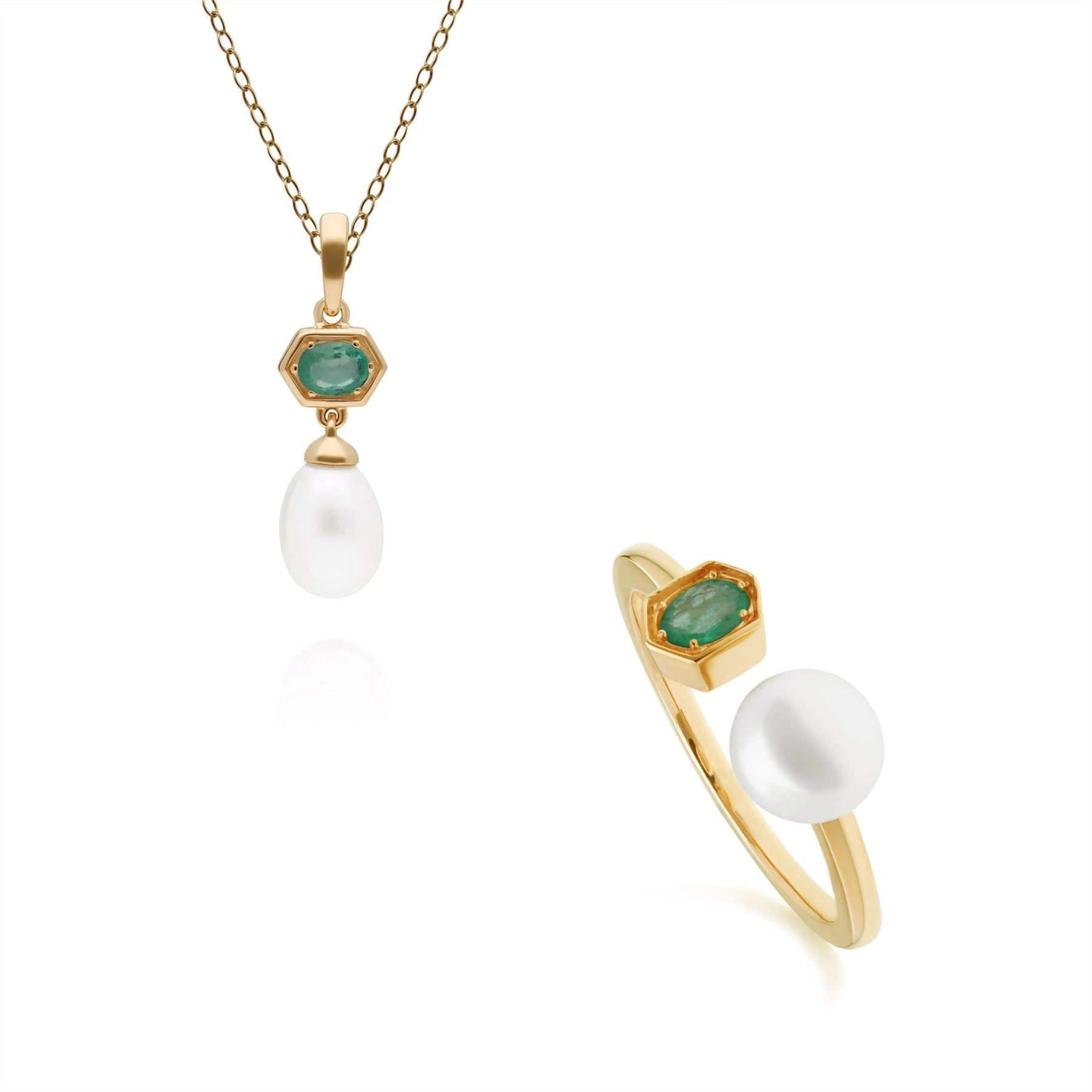 Modern Pearl & Emerald Pendant & Ring Set in Gold Plated Silver - Gemondo