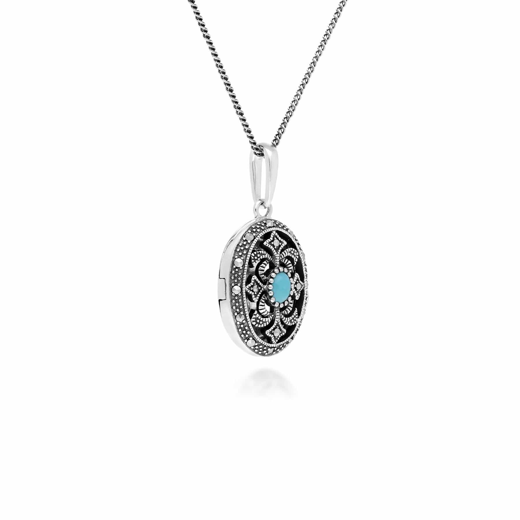 Art Nouveau Style Oval Turquoise & Marcasite Locket Necklace in 925 Sterling Silver - Gemondo