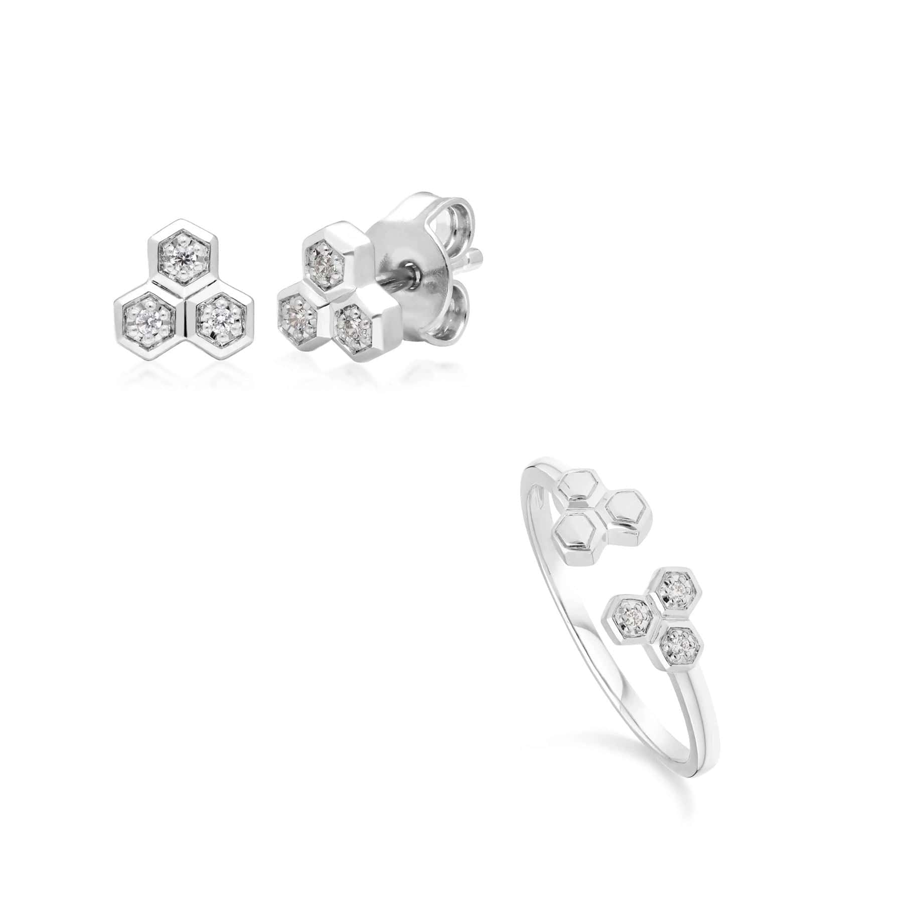 Diamond Trilogy Ring & Stud Earring Set in 9ct White Gold - Gemondo