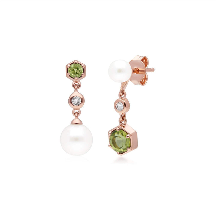 270E030306925 Modern Pearl, Peridot & Topaz Mismatched Drop Earrings in Rose Gold Silver 1
