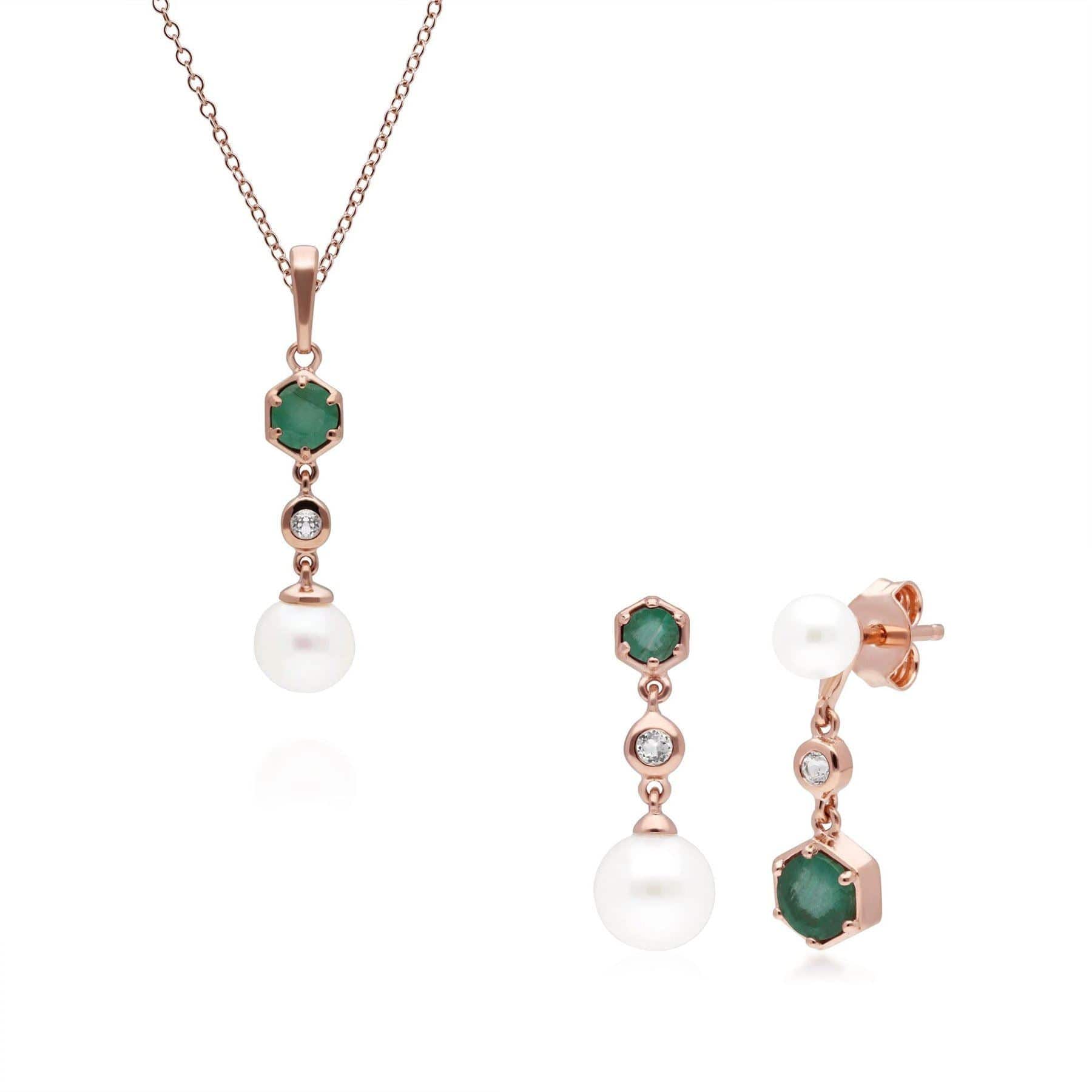 Modern Pearl, Emerald & Topaz Pendant & Earring Set in Rose Gold Plated Silver - Gemondo