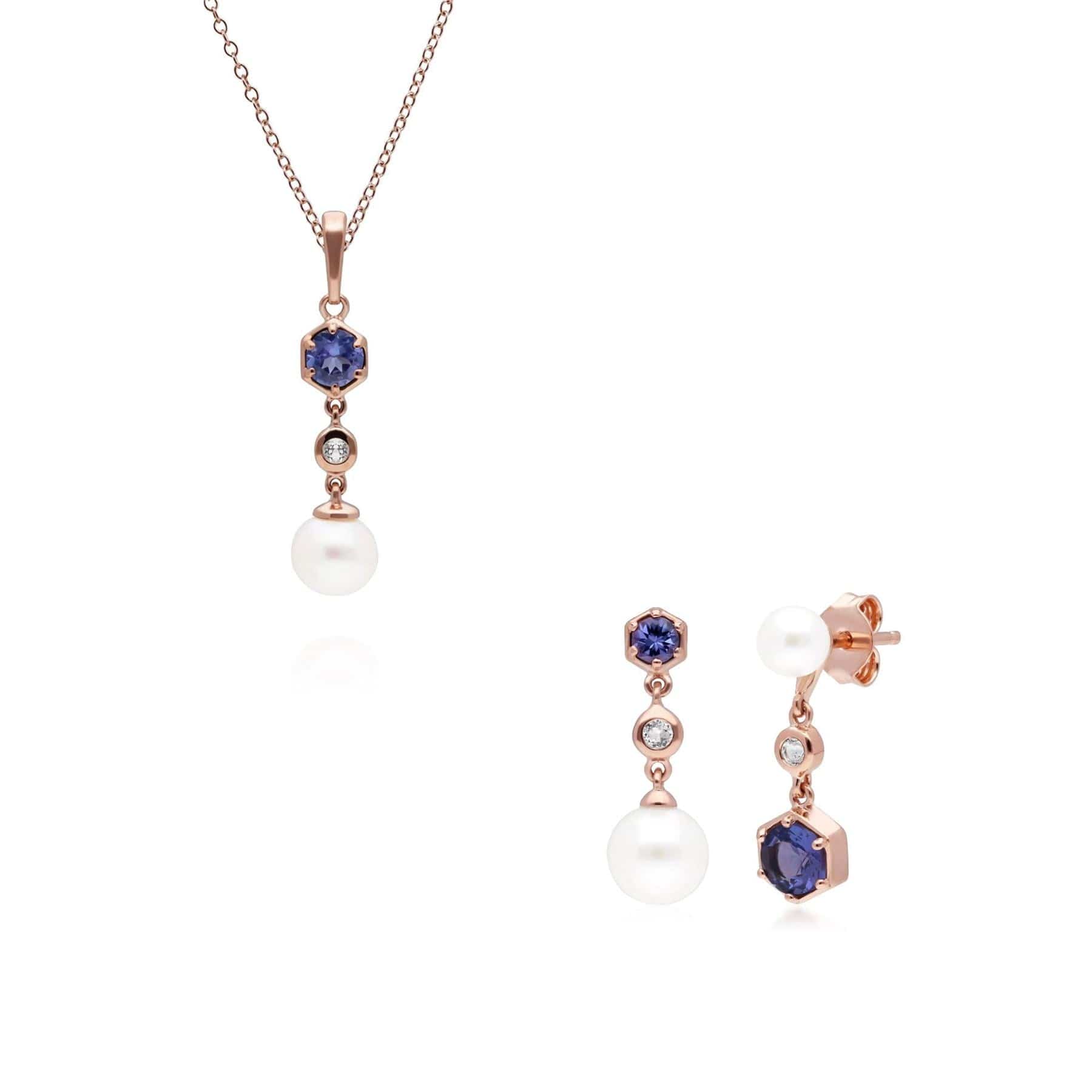 Modern Pearl, Tanzanite & Topaz Pendant & Earring Set in Rose Gold Plated Silver - Gemondo
