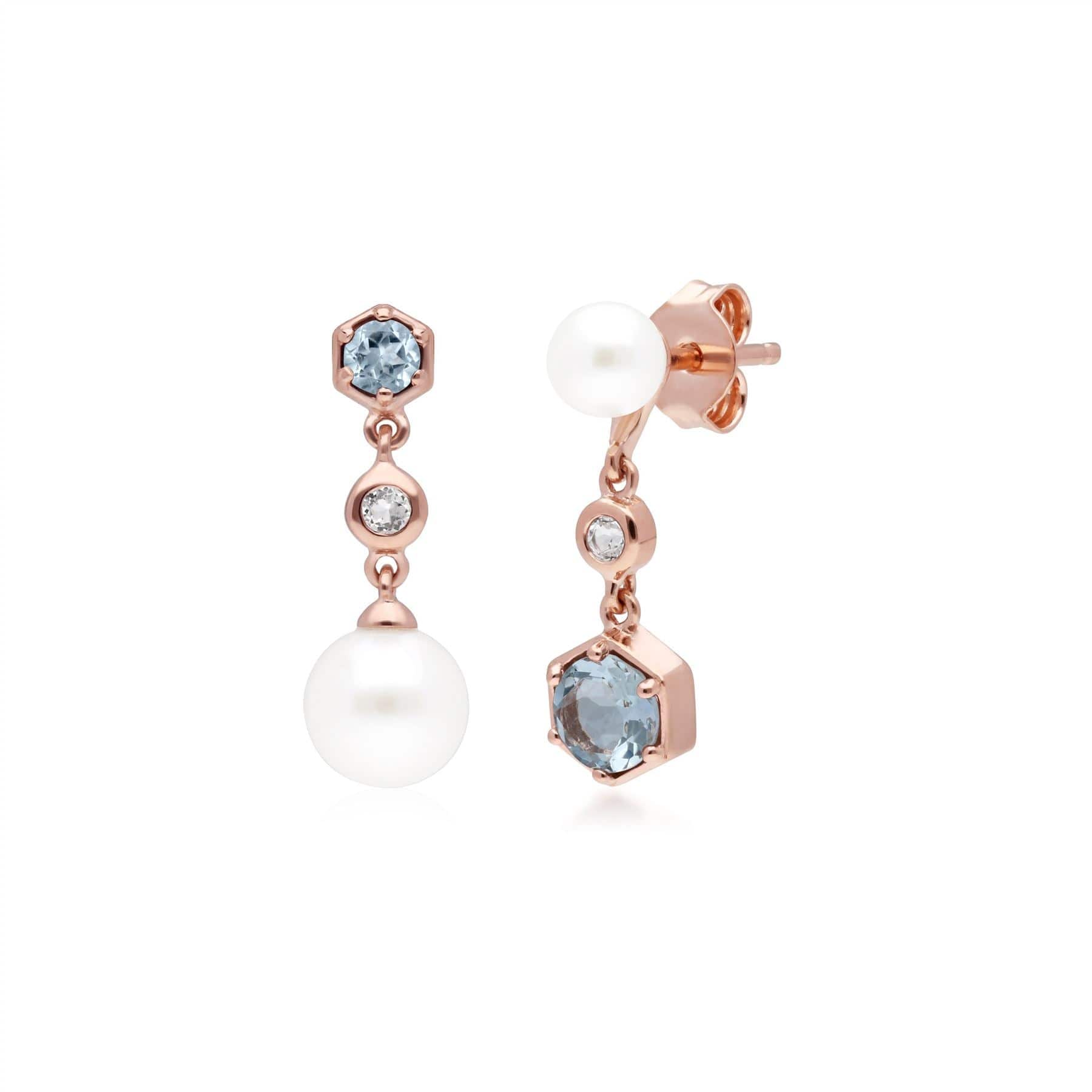 Modern Pearl, Aquamarine & Topaz Mismatched Drop Earrings in Rose Gold Plated Sterling Silver