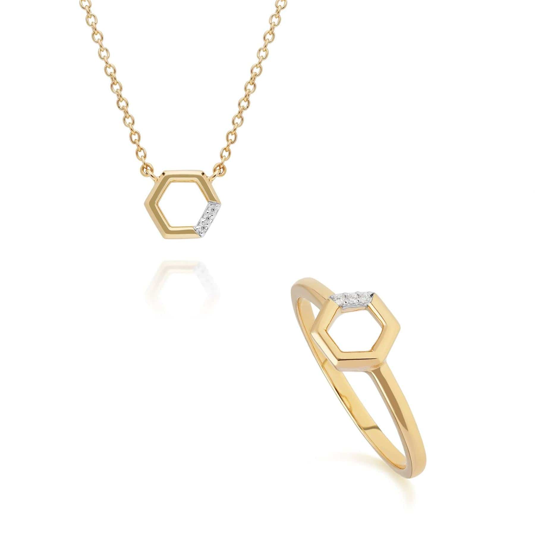 Diamond Pave Hexagon Necklace & Ring Set in 9ct Yellow Gold