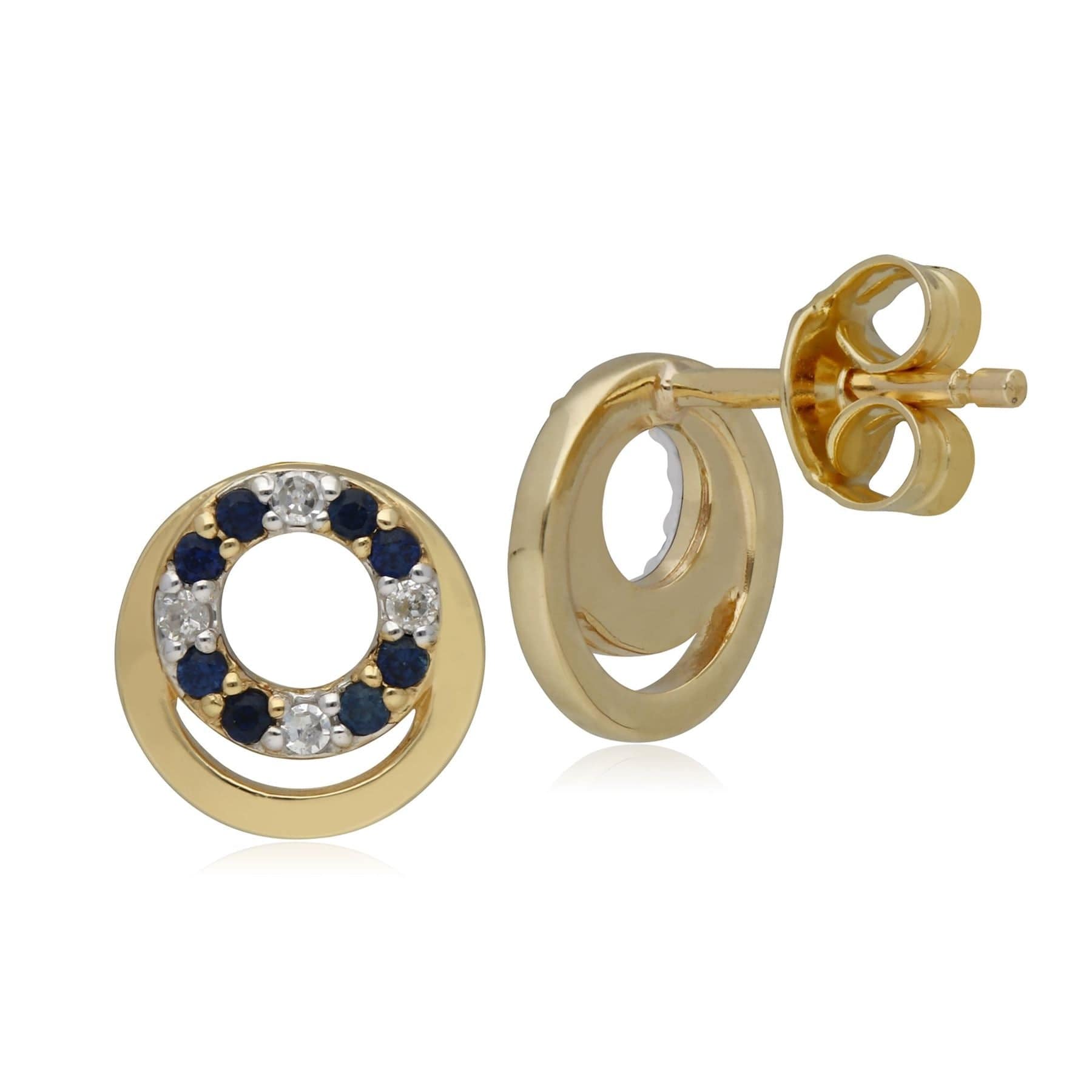 Classic Sapphire & Diamond Circle Stud Earrings in 9ct Yellow Gold - Gemondo