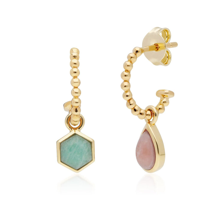 270E027401925 Micro Statement Rhodochrosite & Amazonite Mismatched Hoop Earrings In Yellow Gold Plated Silver 4