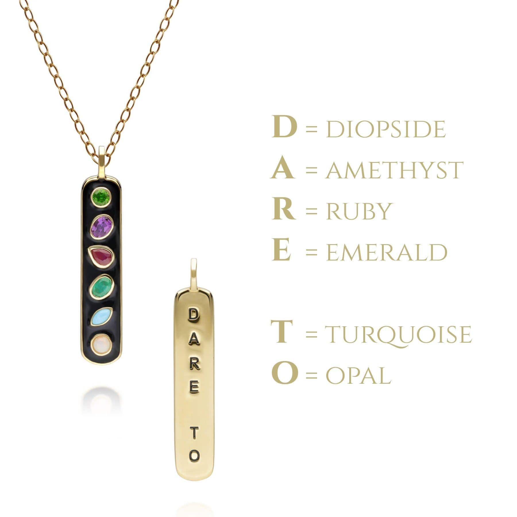 Coded Whispers Black Enamel 'Dare To' Acrostic Gemstone Pendant Necklace in Sterling Silver - Gemondo
