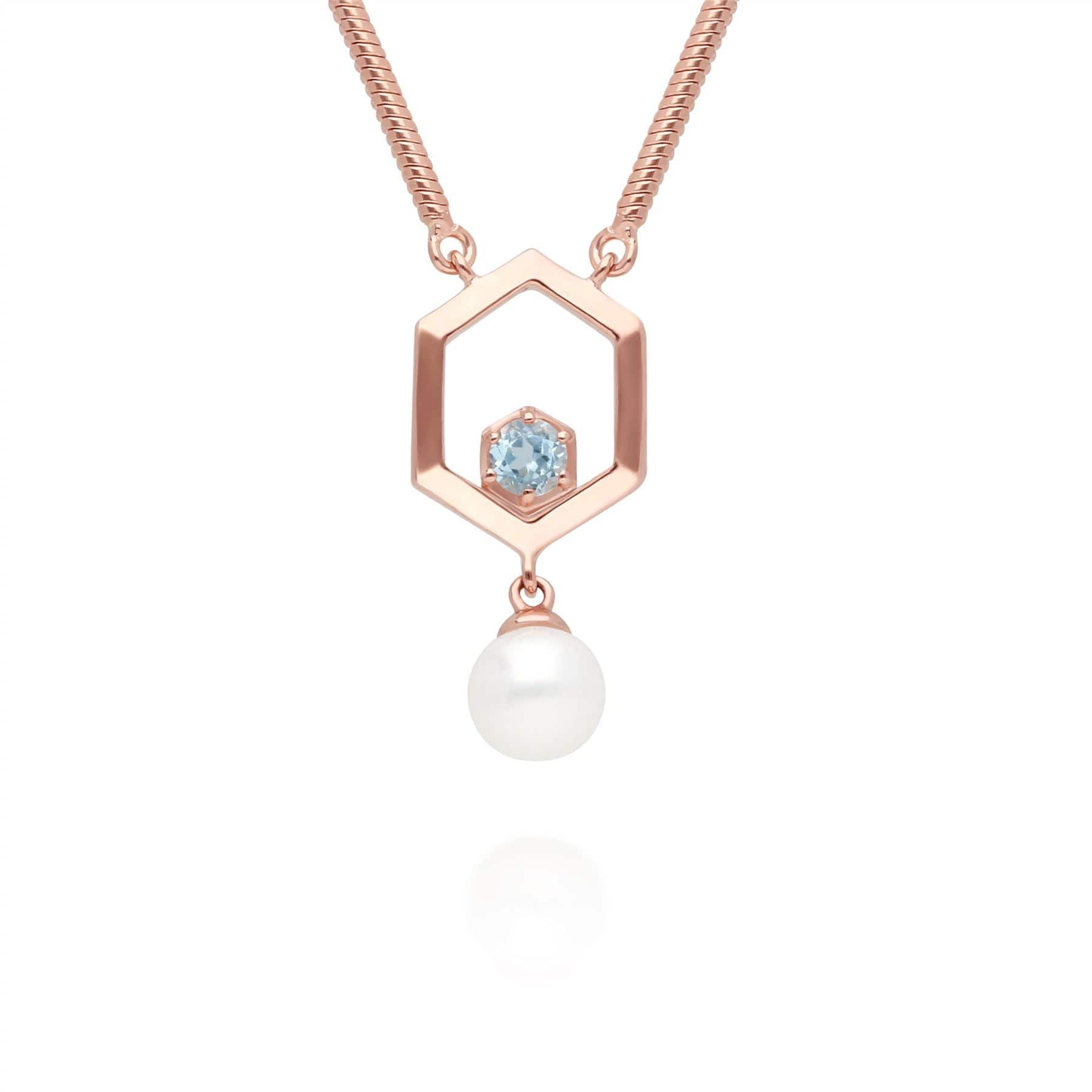 Modern Pearl & Topaz Hexagon Drop Necklace in Rose Gold Plated Sterling Silver