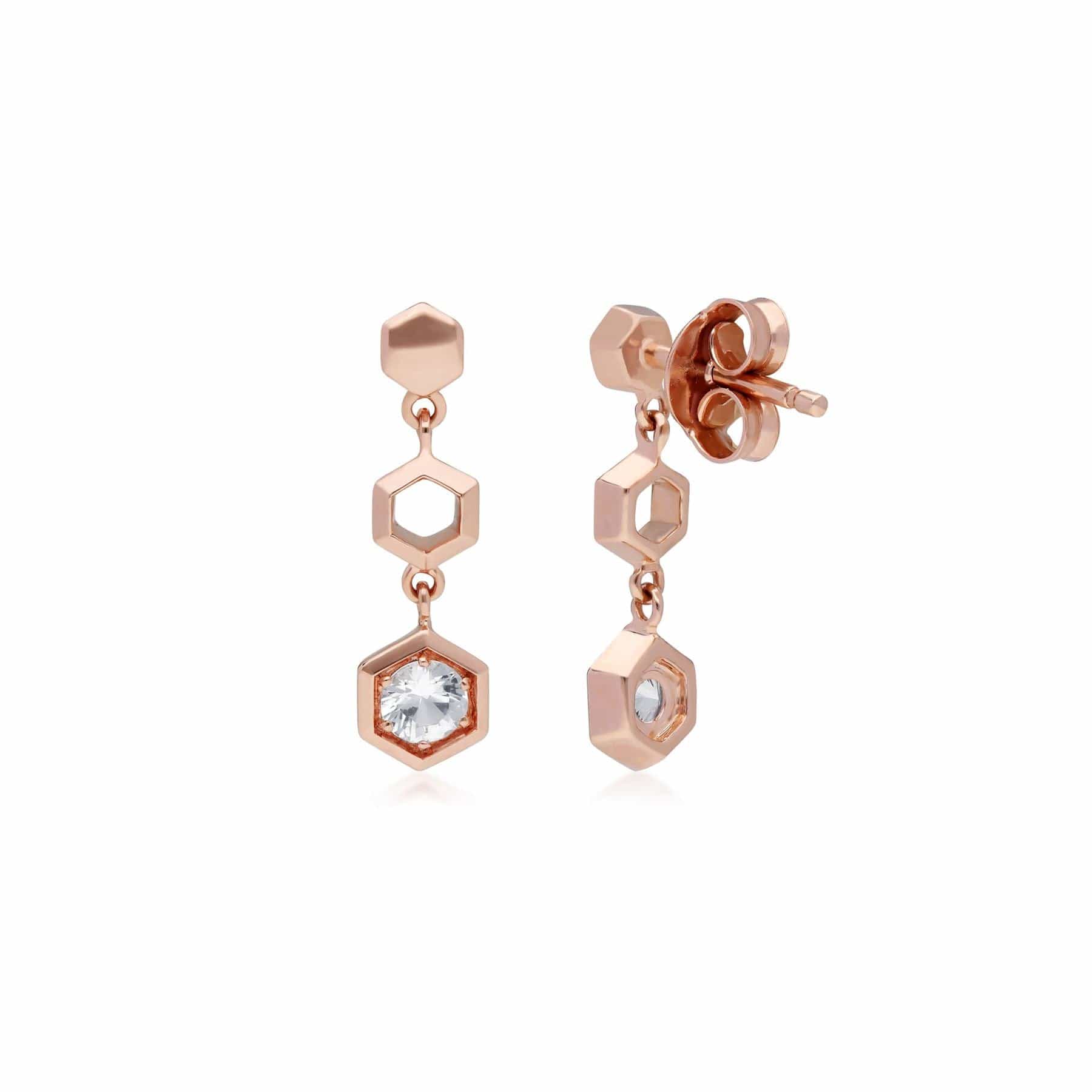 Honeycomb Inspired Clear Sapphire Drop Earrings in 9ct Rose Gold Back