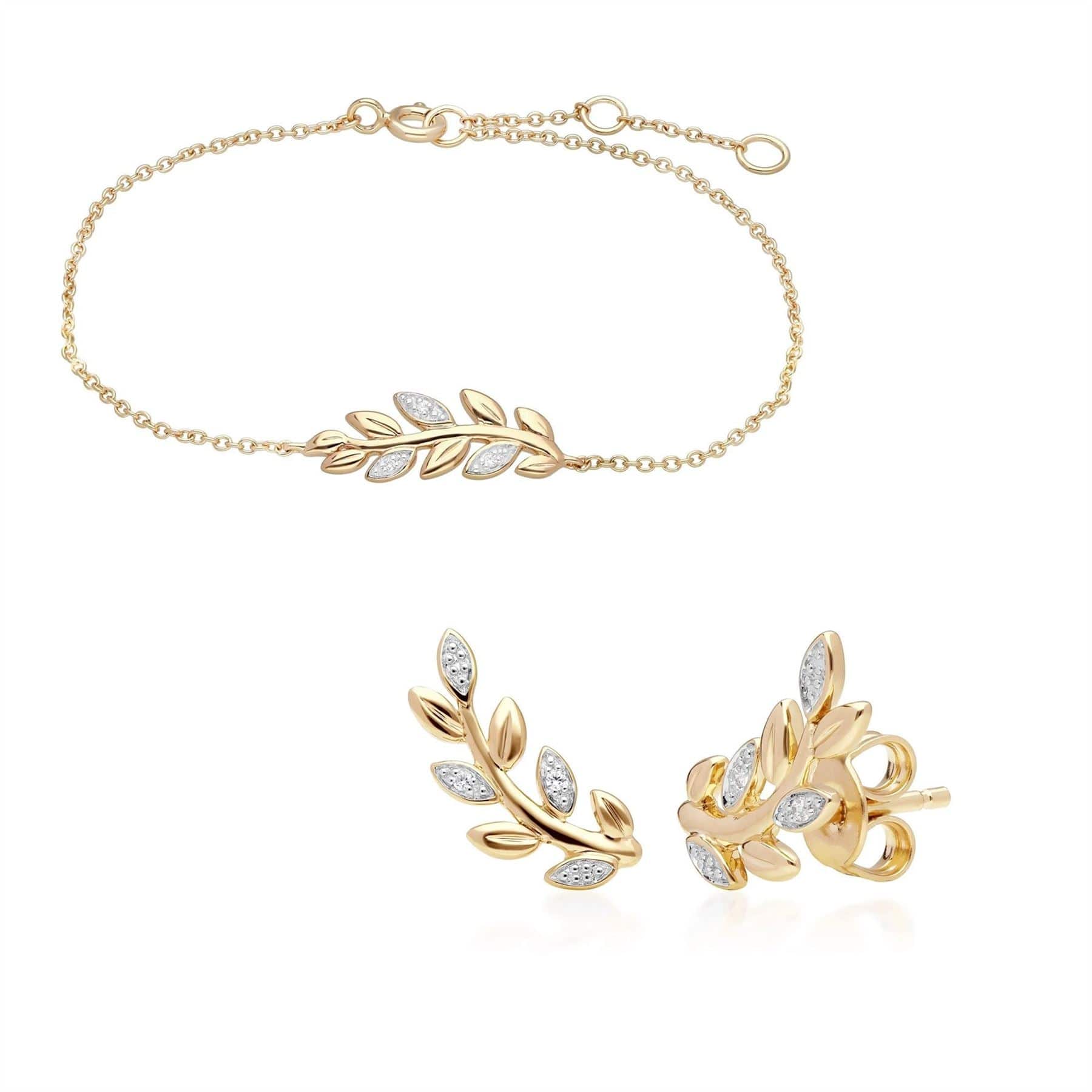 191L0158019-191E0403019 O Leaf Diamond Bracelet & Stud Earrings Set in 9ct Yellow Gold 1