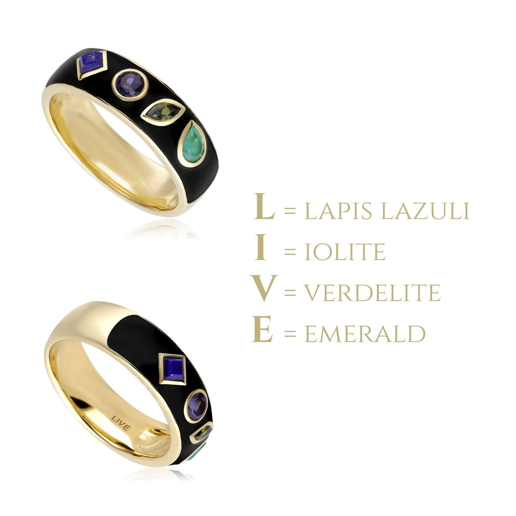 Coded Whispers Black Enamel 'Live' Acrostic Gemstone Ring In Yellow Gold Plated Silver - Gemondo
