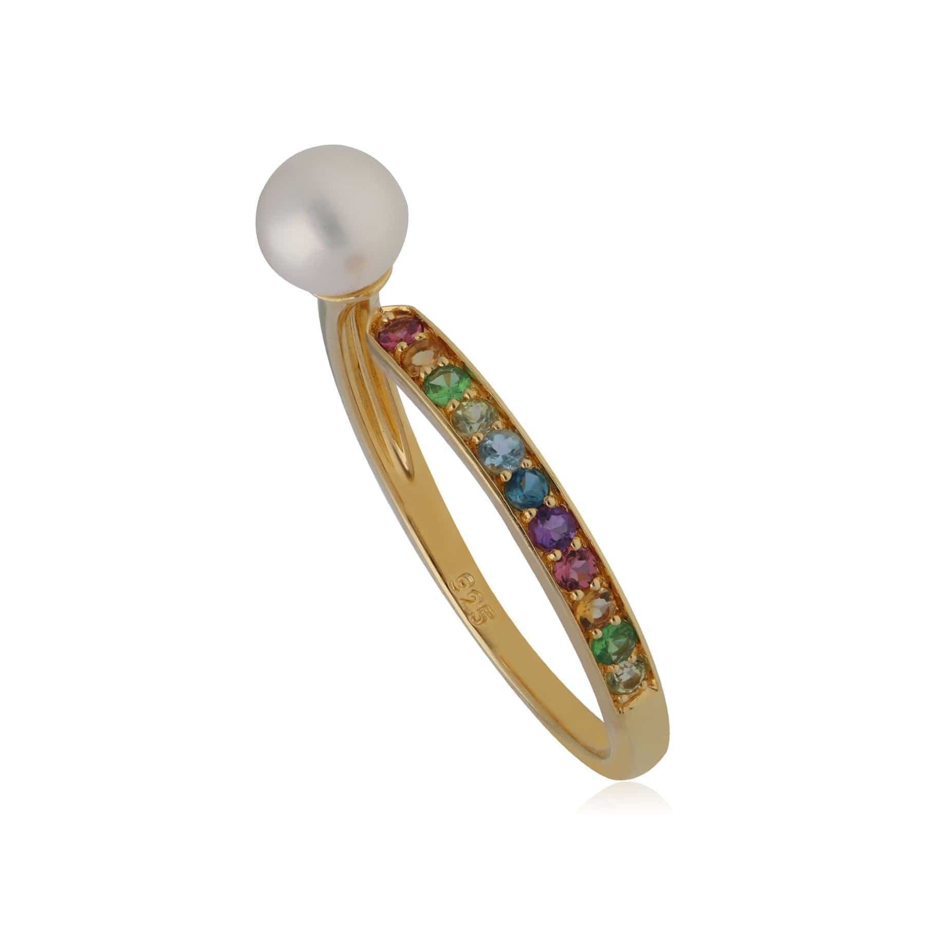 Rainbow Gemstone & Pearl Open Ring in Gold Plated Sterling Silver