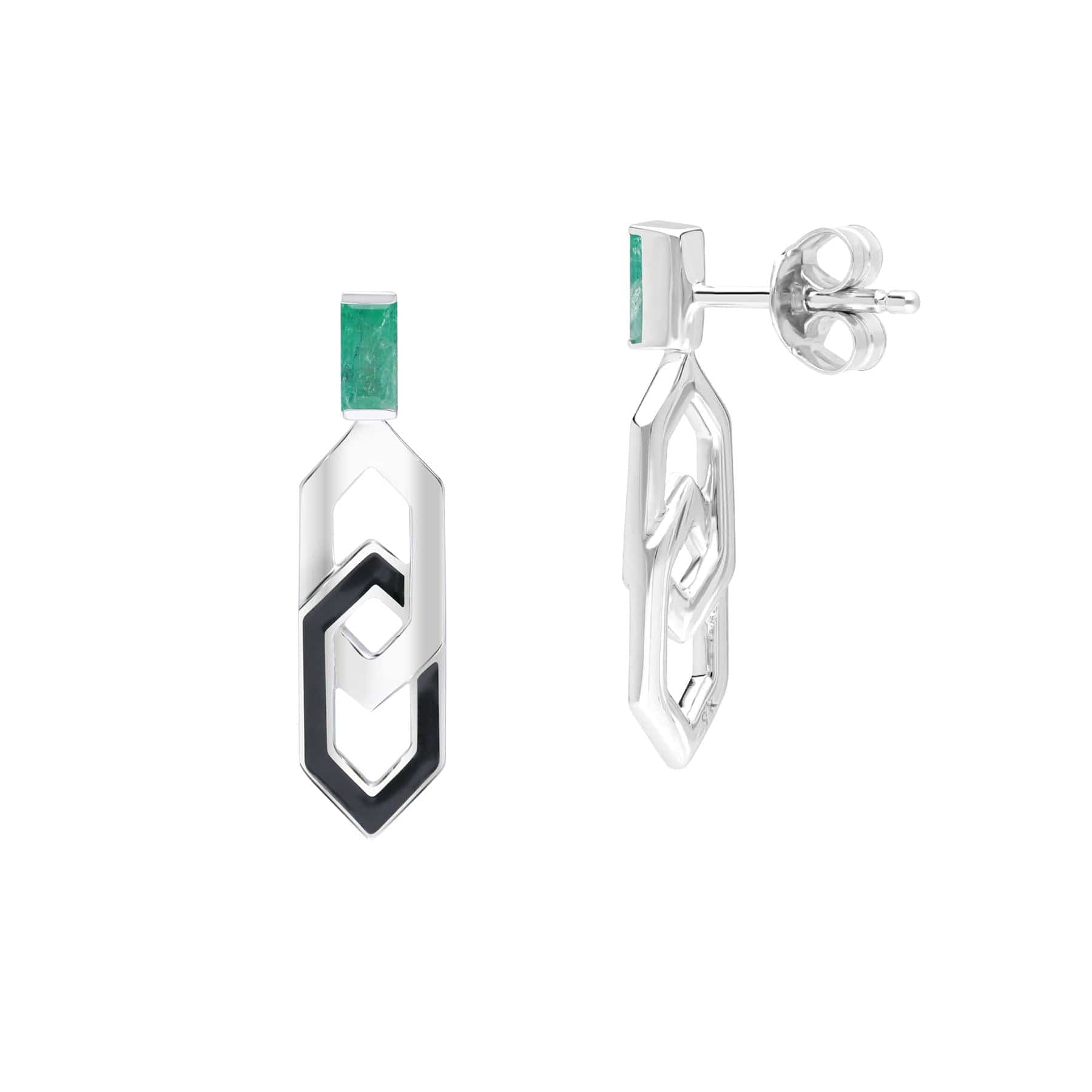 162E0290029 Grand Deco Enamel & Emerald Link Drop Earrings in 9ct White Gold 3