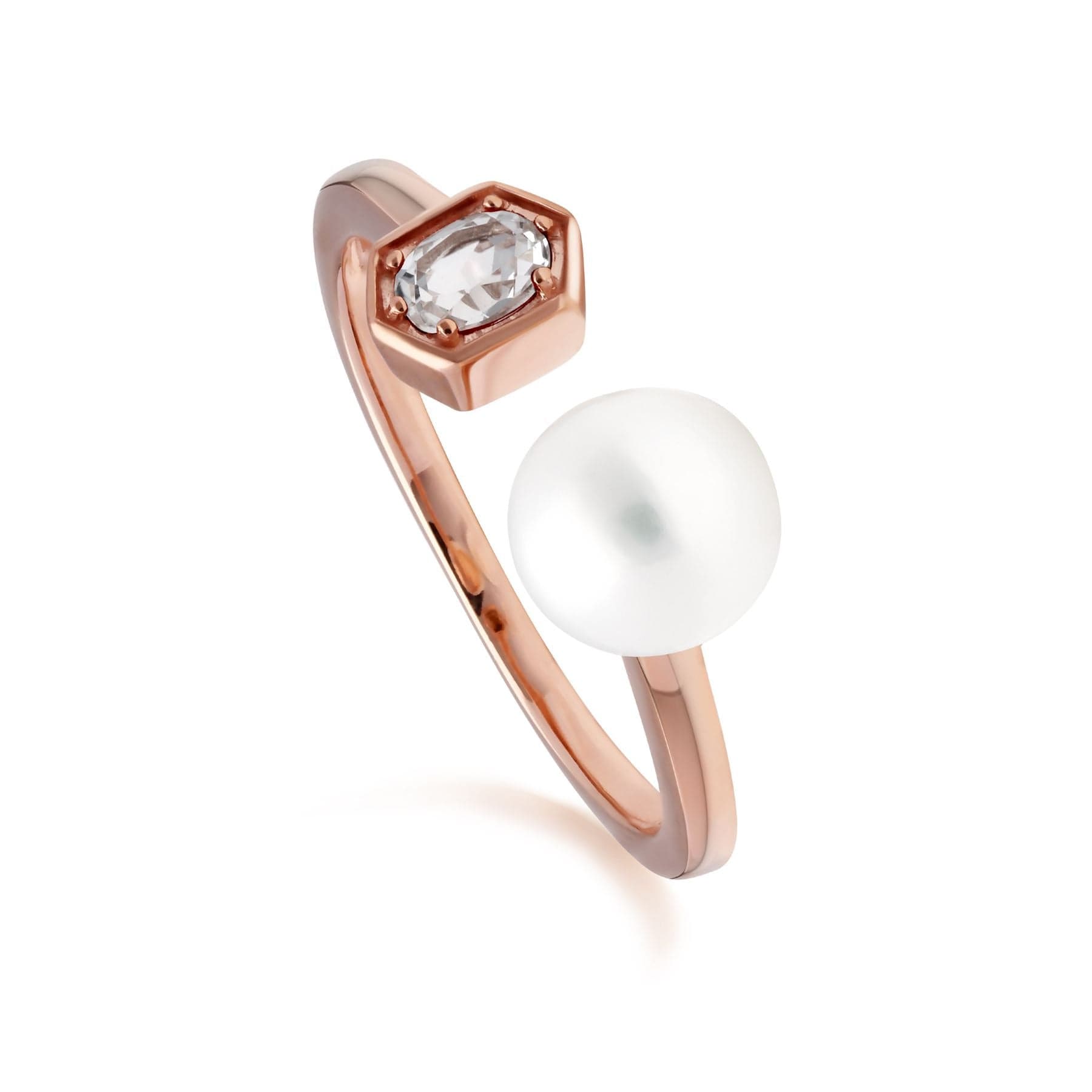 Modern Pearl & White Topaz Open Ring in Rose Gold Plated Sterling Silver