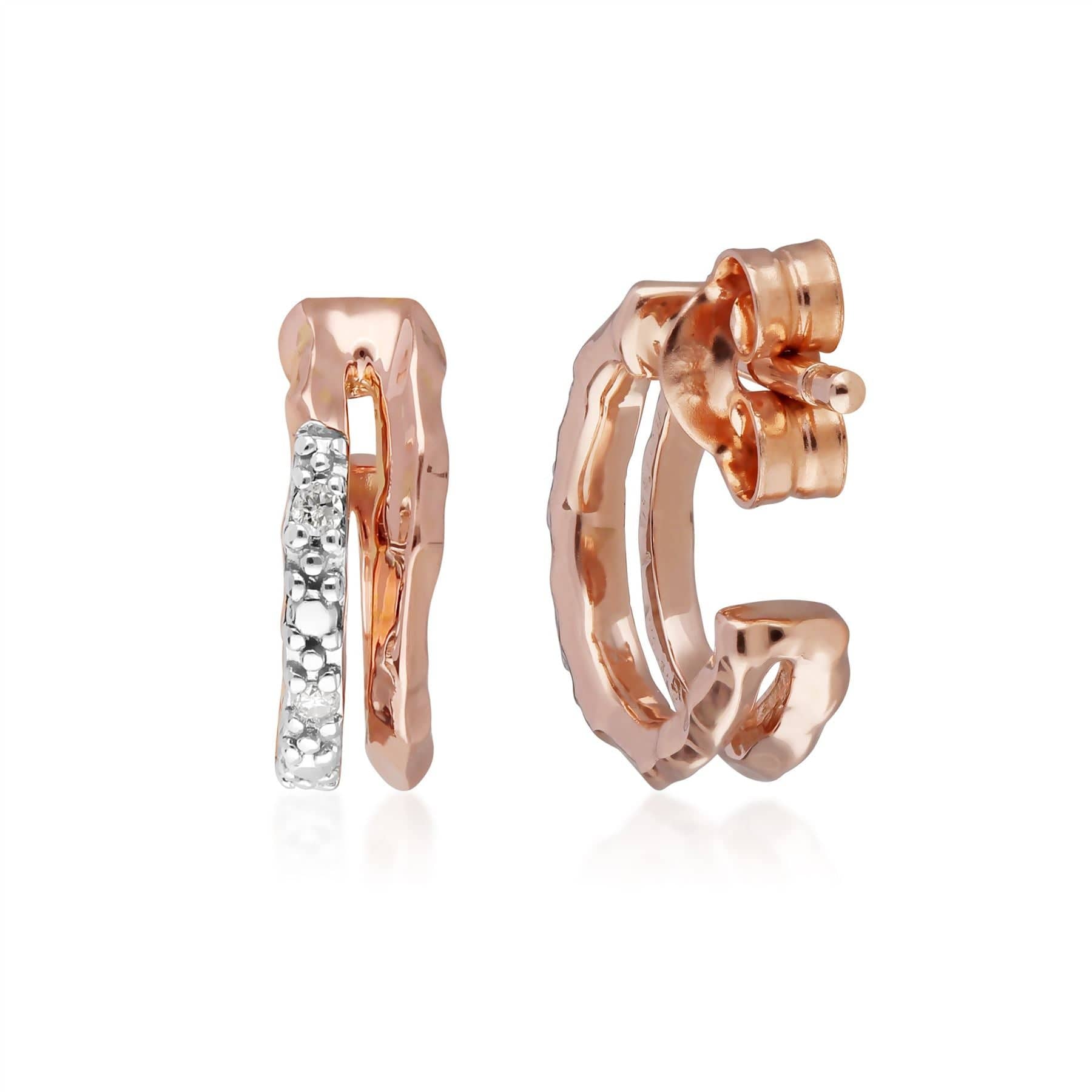 Diamond Pavé Double Hammered Mini Hoop Earrings in 9ct Rose Gold
