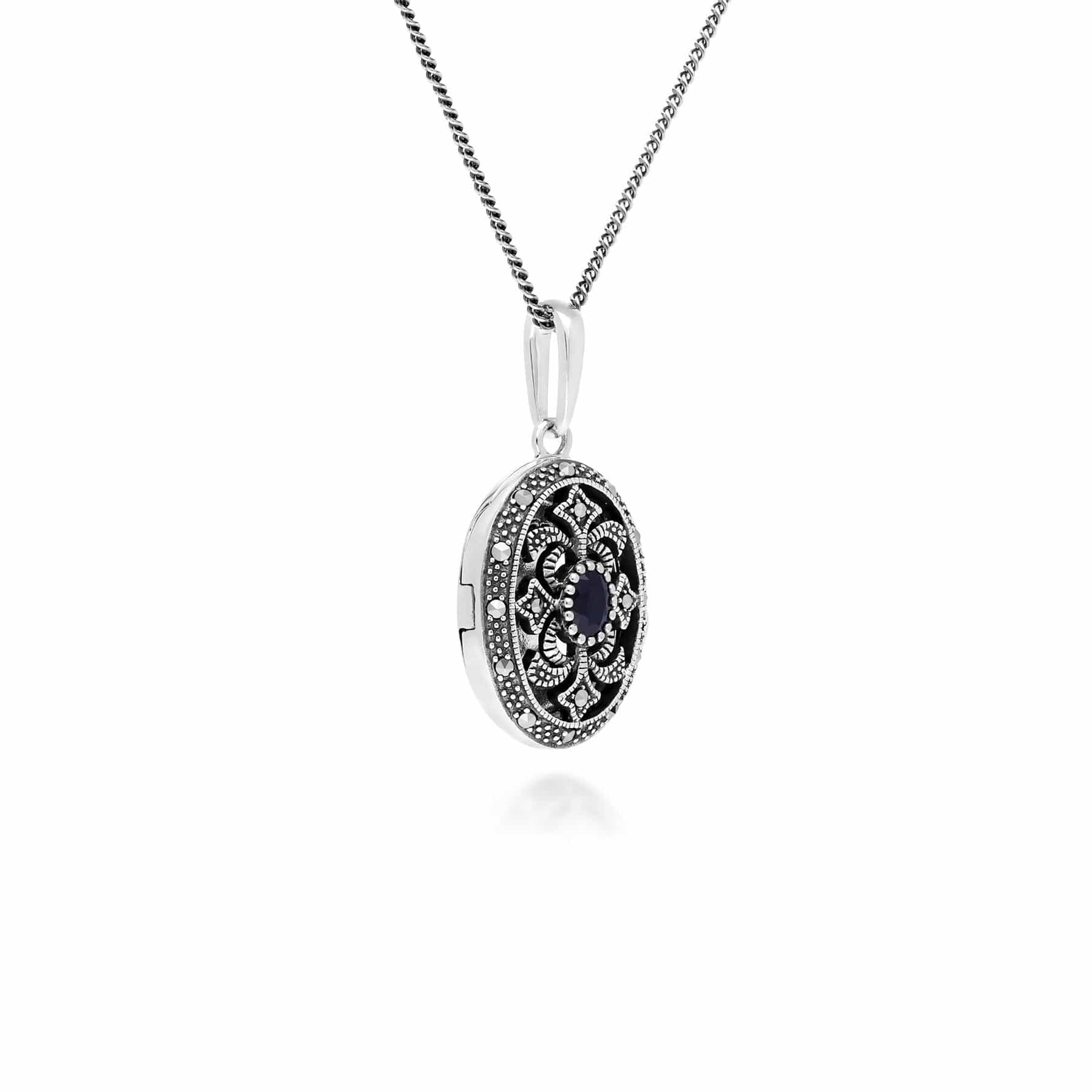 214N716203925 Art Nouveau Style Oval Sapphire & Marcasite Locket Necklace in 925 Sterling Silver 2
