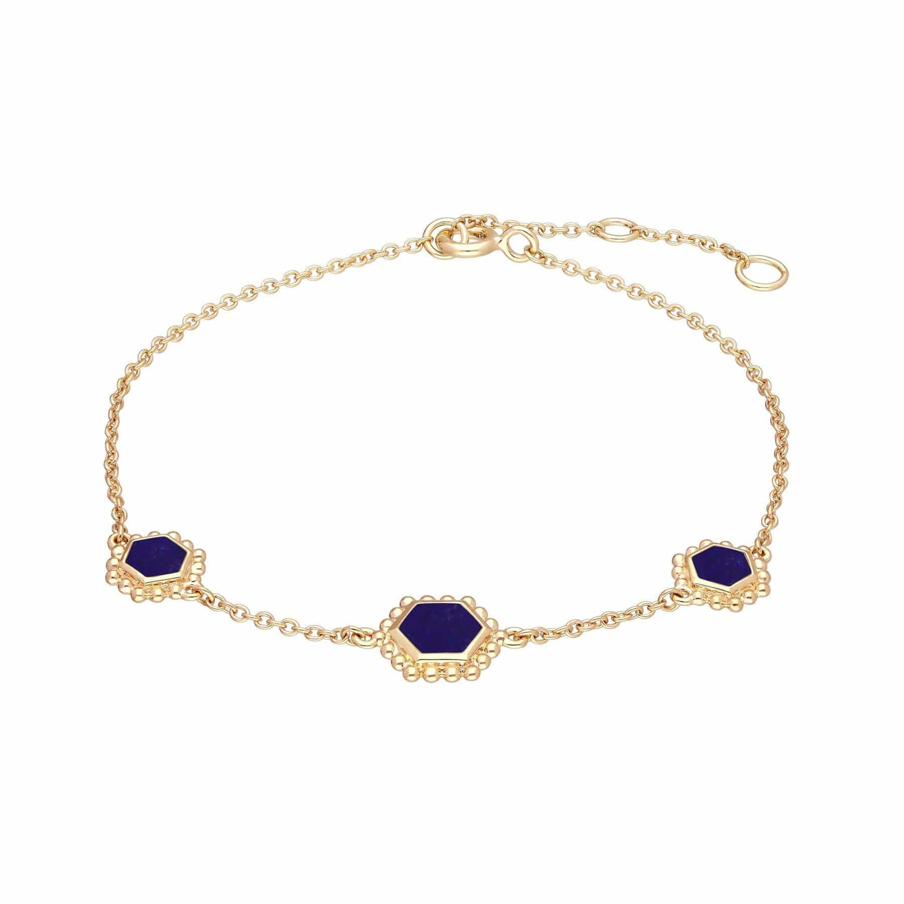 Lapis Lazuli Flat Slice Hex Chain Bracelet in Gold Plated Sterling Silver