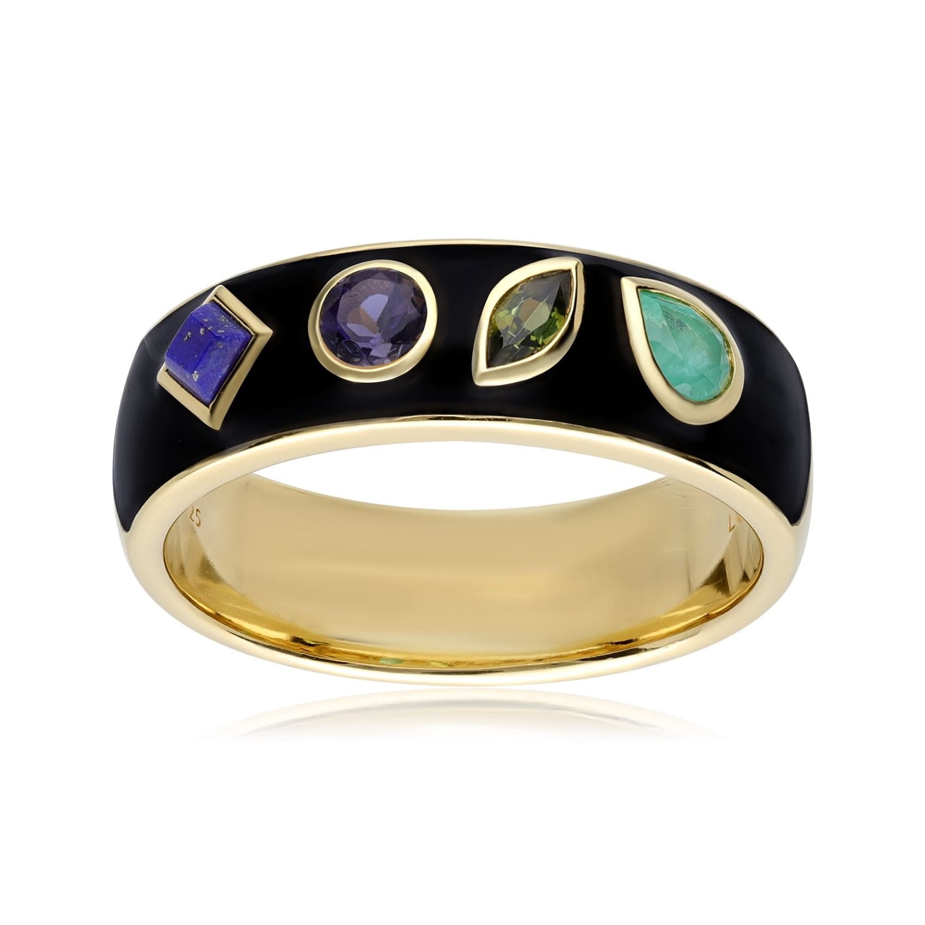 Coded Whispers Black Enamel 'Live' Acrostic Gemstone Ring In Yellow Gold Plated Silver - Gemondo