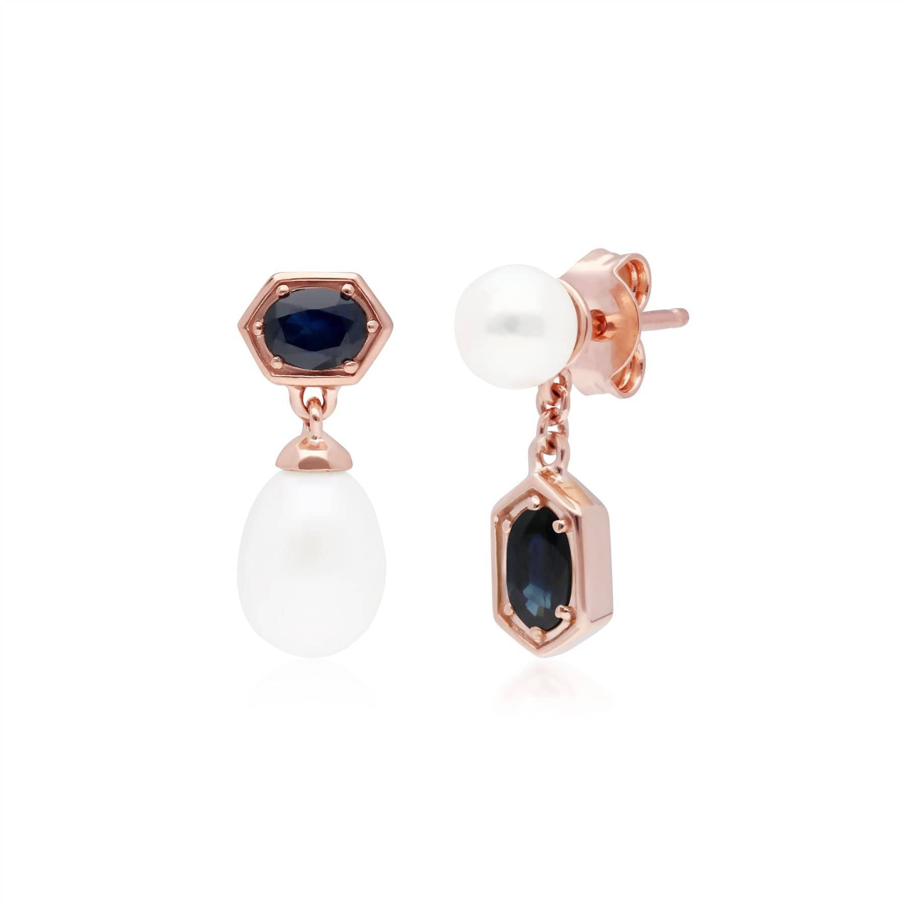 Modern Pearl & Sapphire Mismatched Drop Earrings in Rose Gold Plated 925 Sterling Silver
