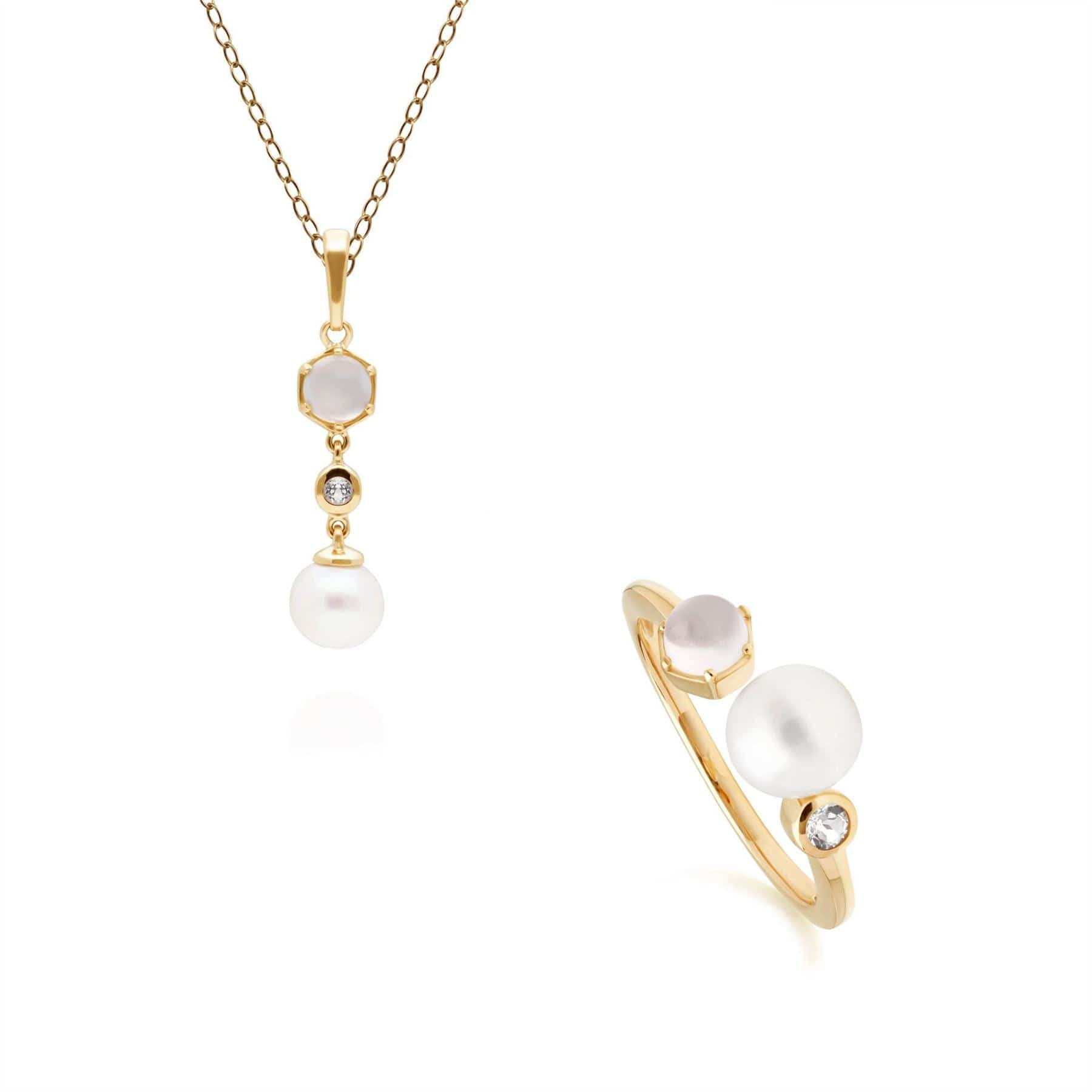 Modern Pearl, Topaz & Moonstone Pendant & Ring Set in Gold Plated Silver - Gemondo