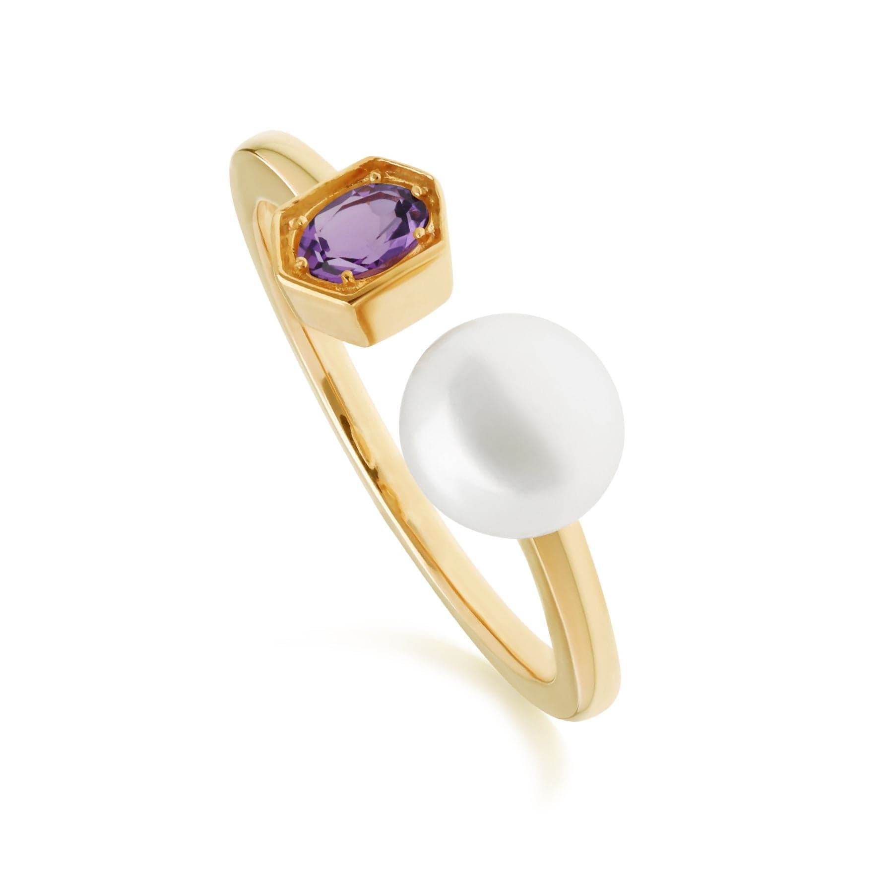 Modern Pearl & Amethyst Open Ring in Gold Plated Silver - Gemondo