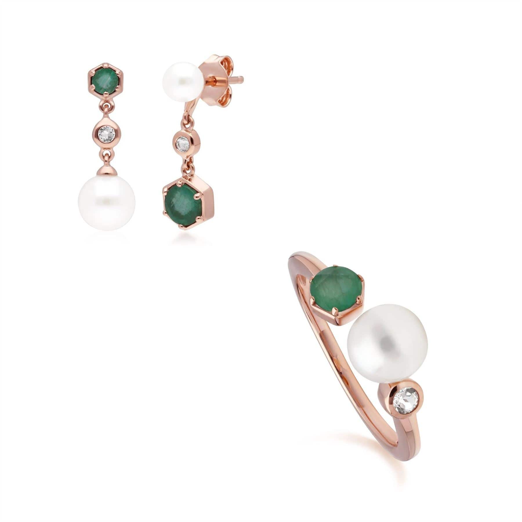 Modern Pearl, Emerald & Topaz Earring & Ring Set in Rose Gold Plated Silver - Gemondo