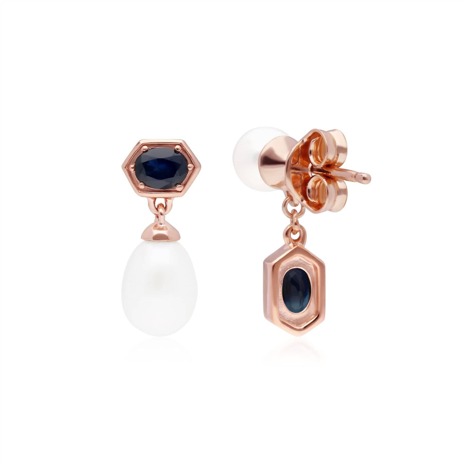 270E030401925 Modern Pearl & Sapphire Mismatched Drop Earrings in Rose Gold Plated Silver 3