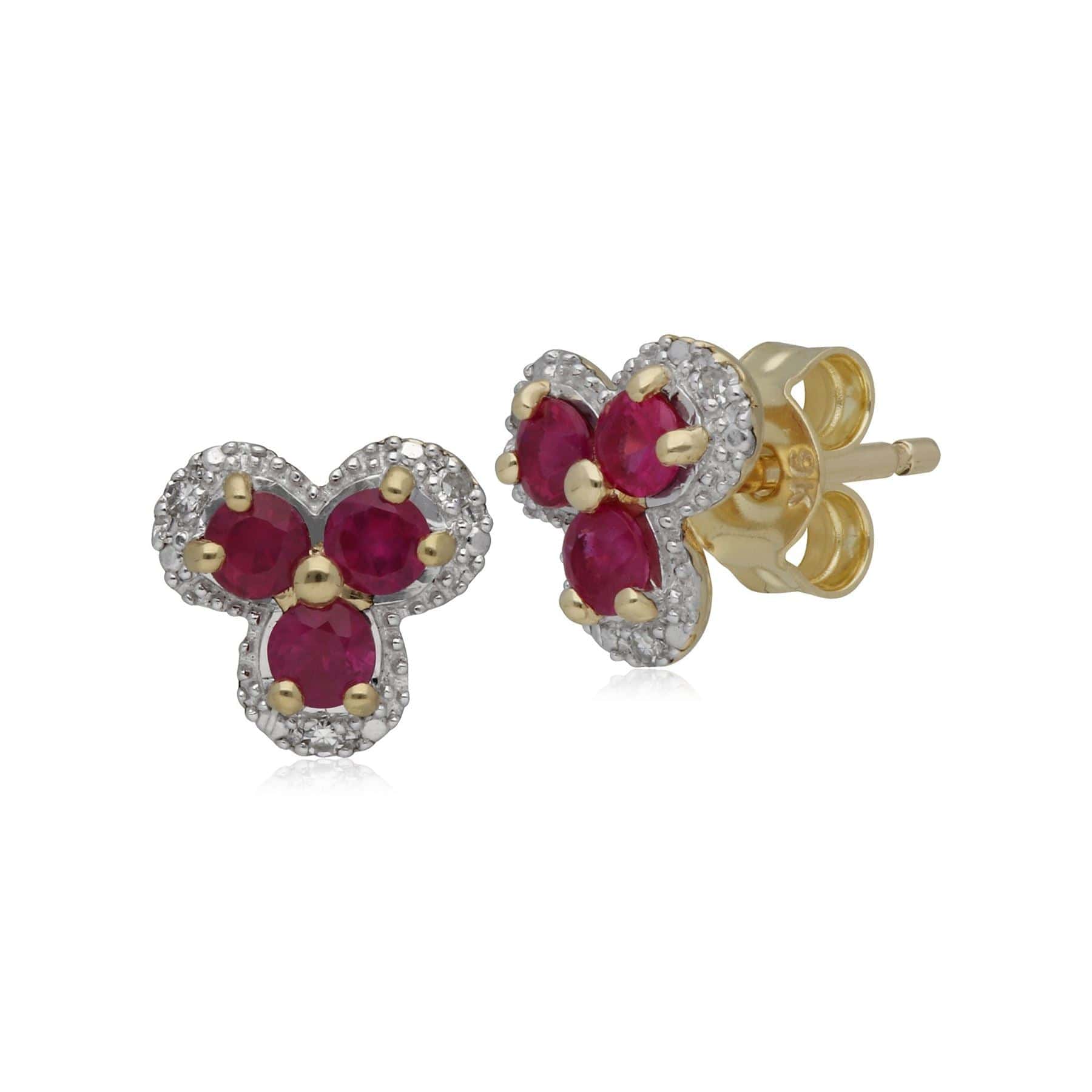 Classic Floral Ruby & Diamond Stud Earrings in 9ct Yellow Gold