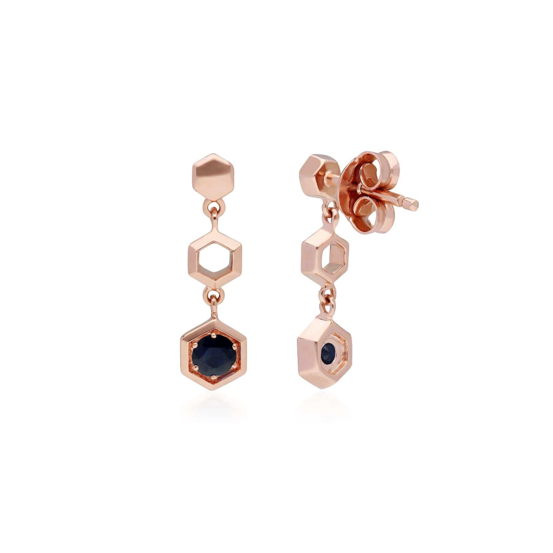 Honeycomb Inspired Blue Sapphire Drop Earrings in 9ct Rose Gold - Gemondo