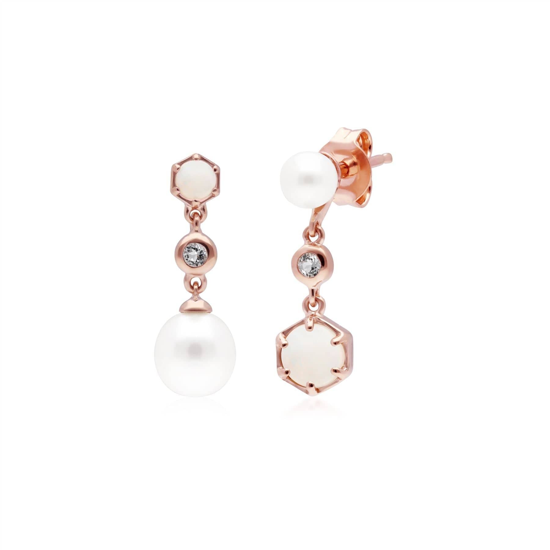Modern Pearl, Opal & Topaz Mismatched Drop Earrings in Rose Gold Plated Sterling Silver